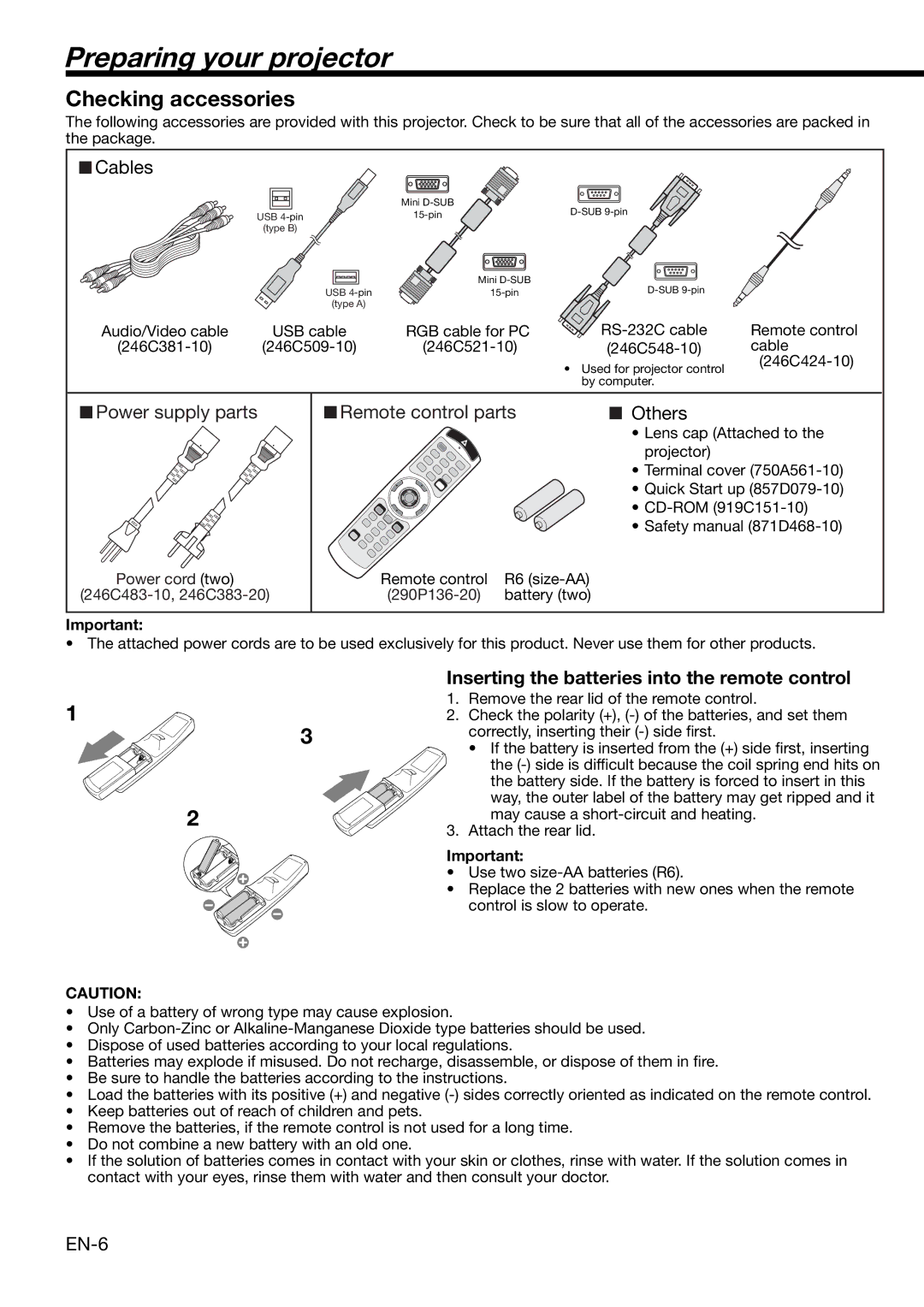 Mitsubishi Electronics XD2000, XD1000 user manual Preparing your projector, Checking accessories 