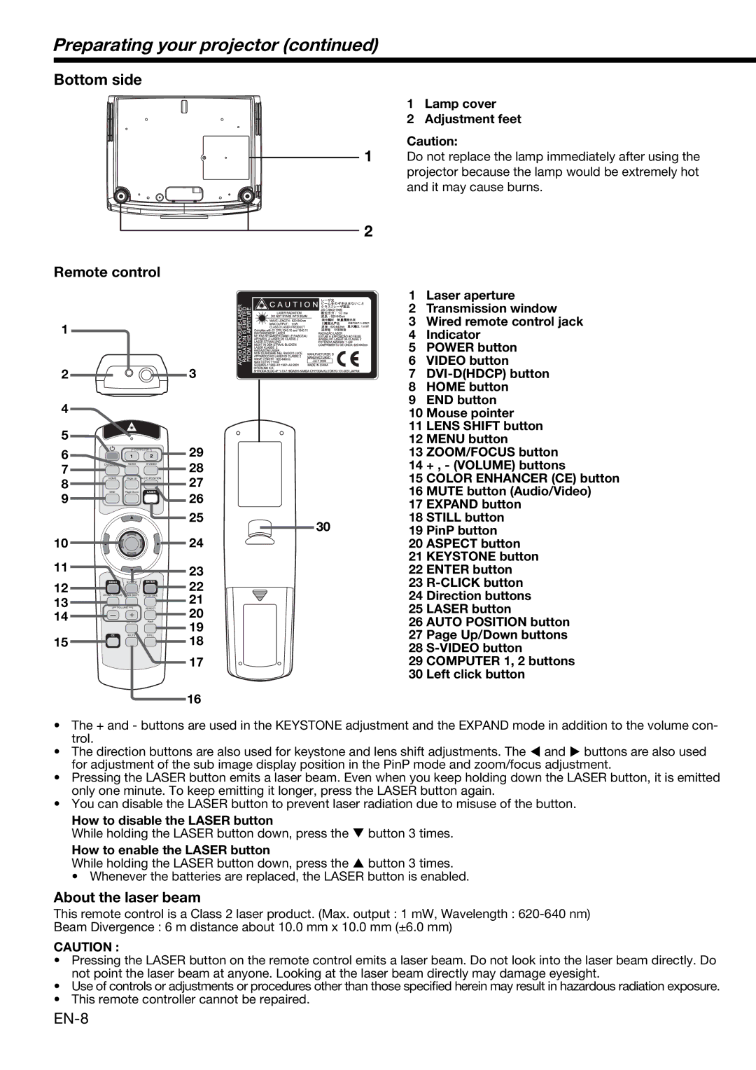 Mitsubishi Electronics XD2000, XD1000 user manual Preparating your projector, Bottom side, Lamp cover Adjustment feet 