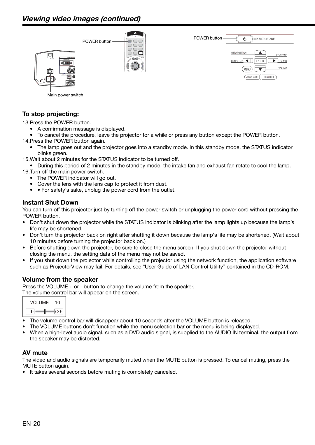 Mitsubishi Electronics XD2000U user manual Volume from the speaker, AV mute 