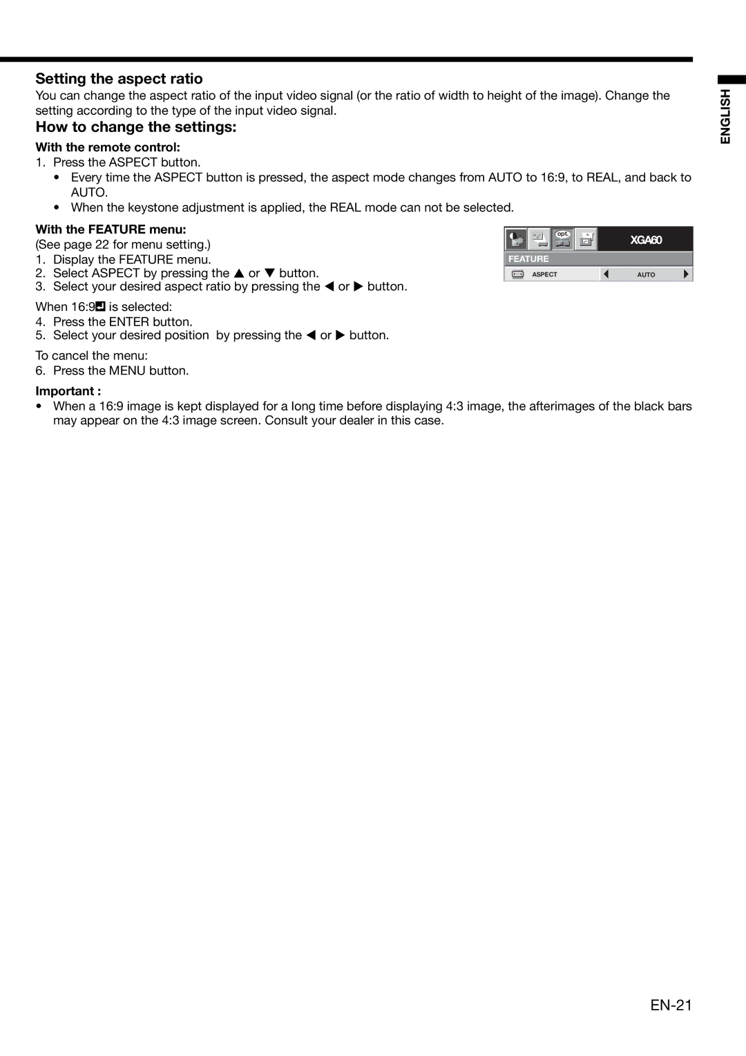 Mitsubishi Electronics XD2000U user manual Setting the aspect ratio, How to change the settings, With the remote control 