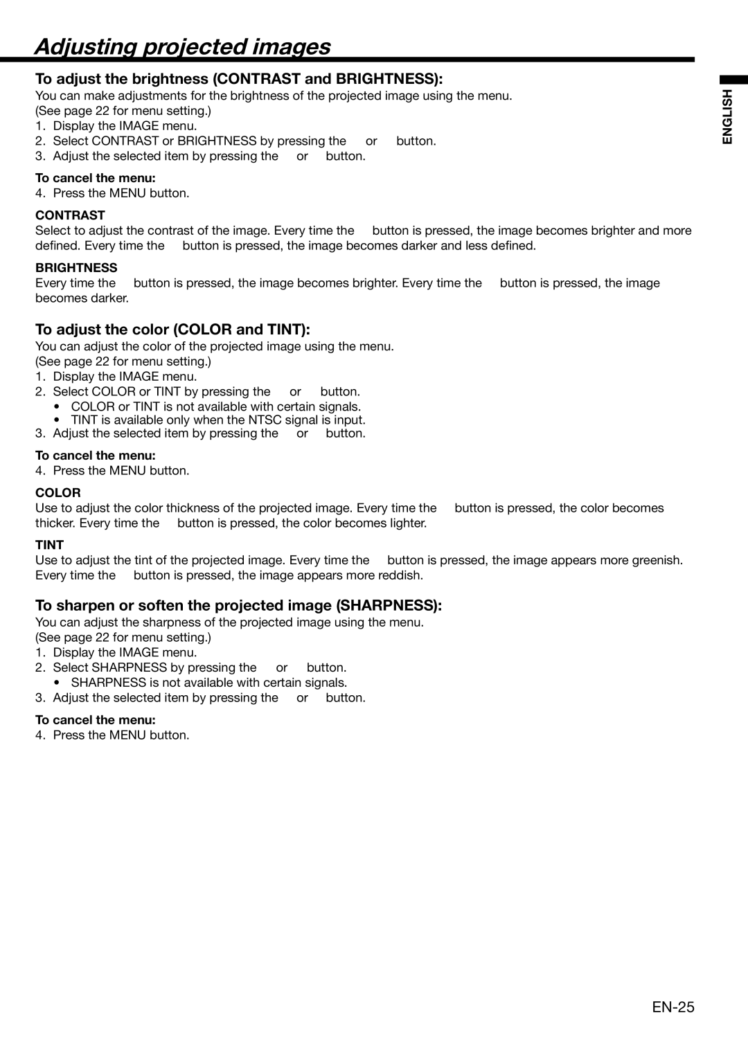 Mitsubishi Electronics XD2000U user manual Adjusting projected images, To adjust the brightness Contrast and Brightness 