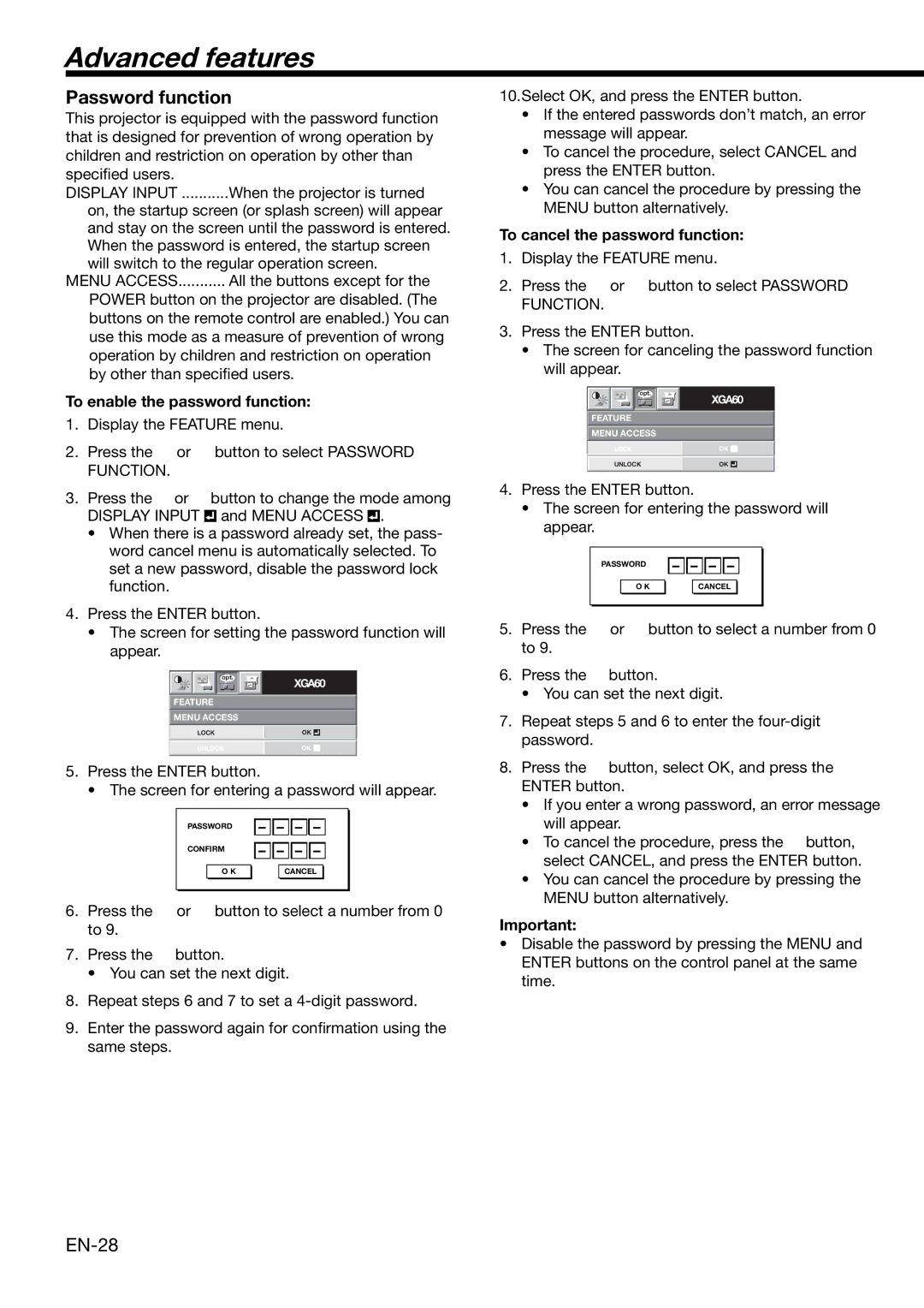 Mitsubishi Electronics XD2000U user manual Advanced features, Password function, To enable the password function 