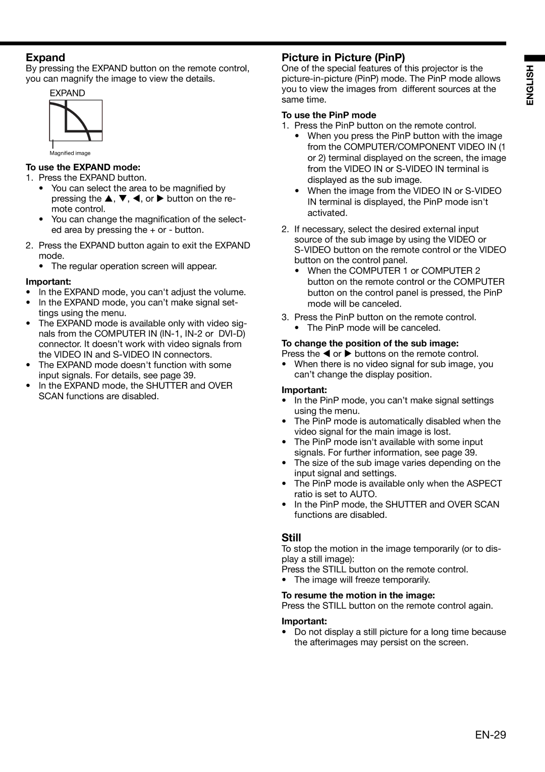 Mitsubishi Electronics XD2000U user manual Expand, Picture in Picture PinP, Still 