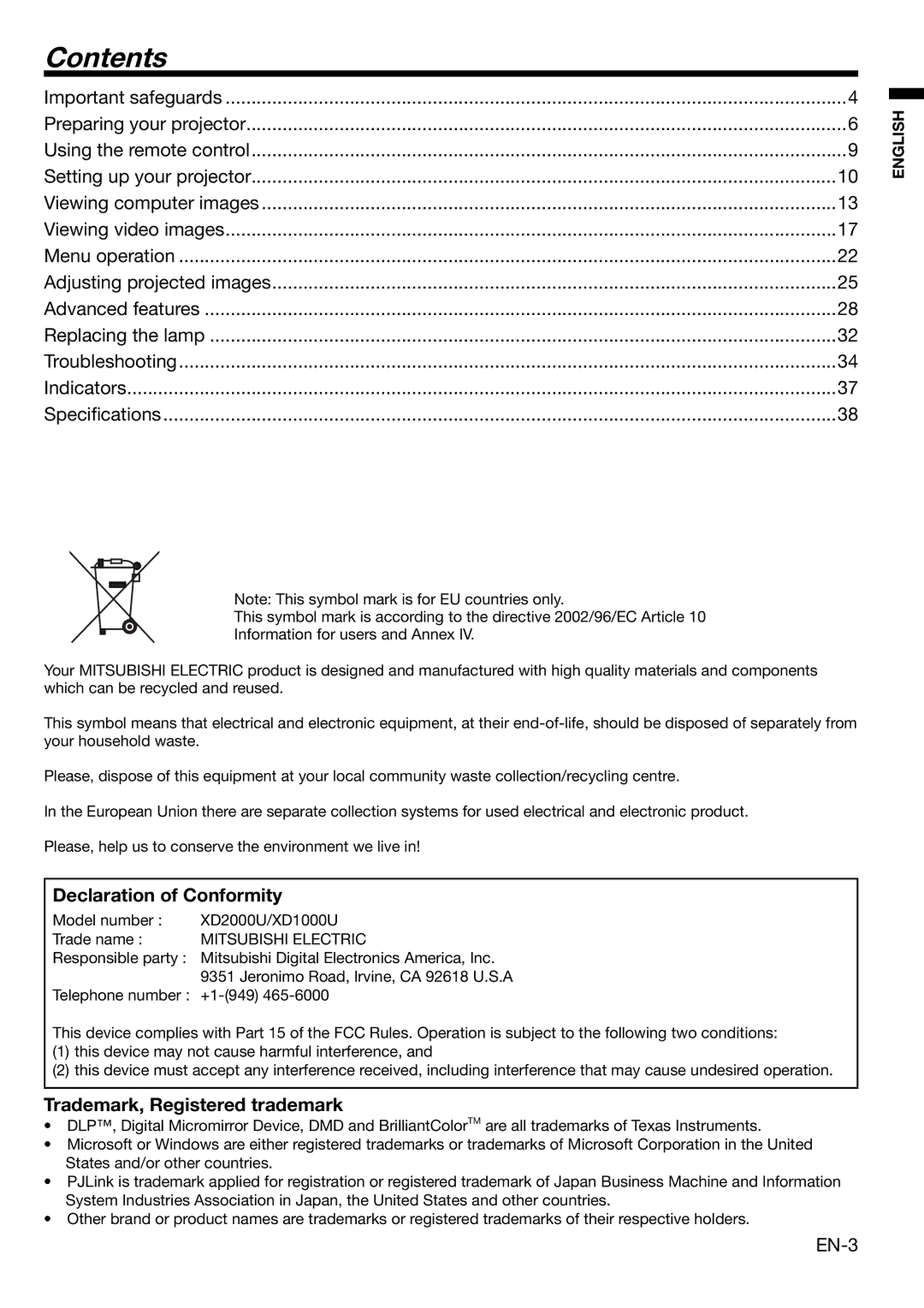 Mitsubishi Electronics XD2000U user manual Contents 