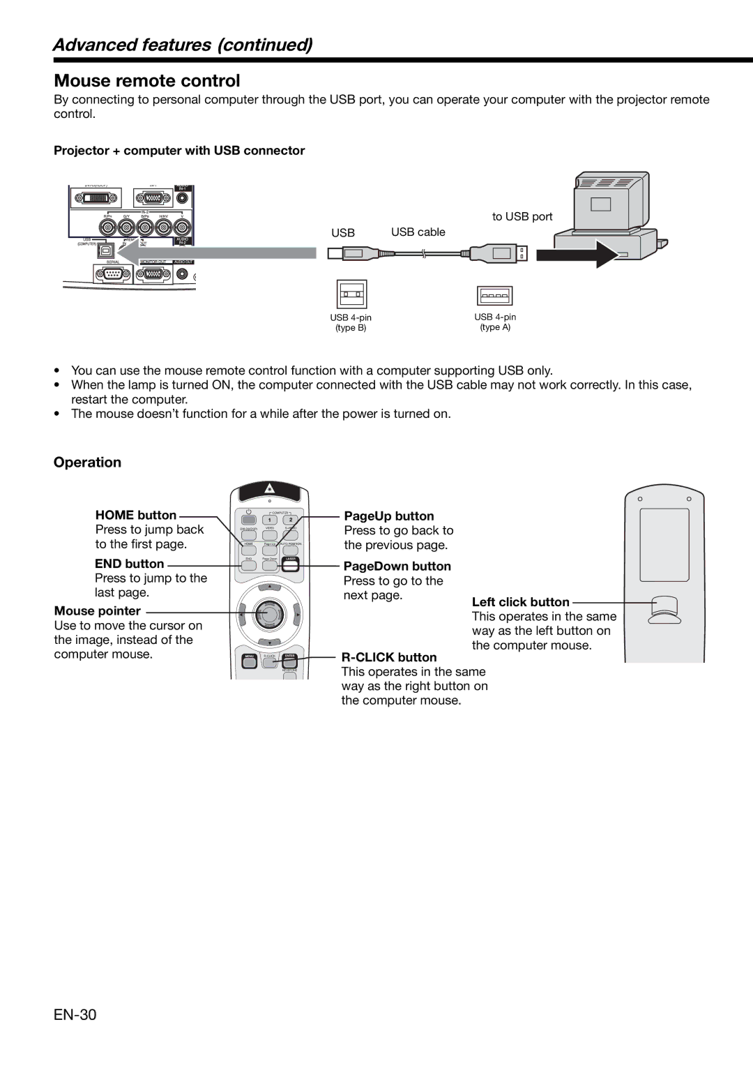 Mitsubishi Electronics XD2000U user manual Advanced features, Mouse remote control, Projector + computer with USB connector 