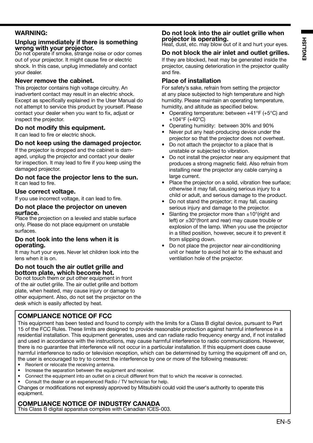 Mitsubishi Electronics XD2000U user manual Never remove the cabinet Do not modify this equipment, Use correct voltage 