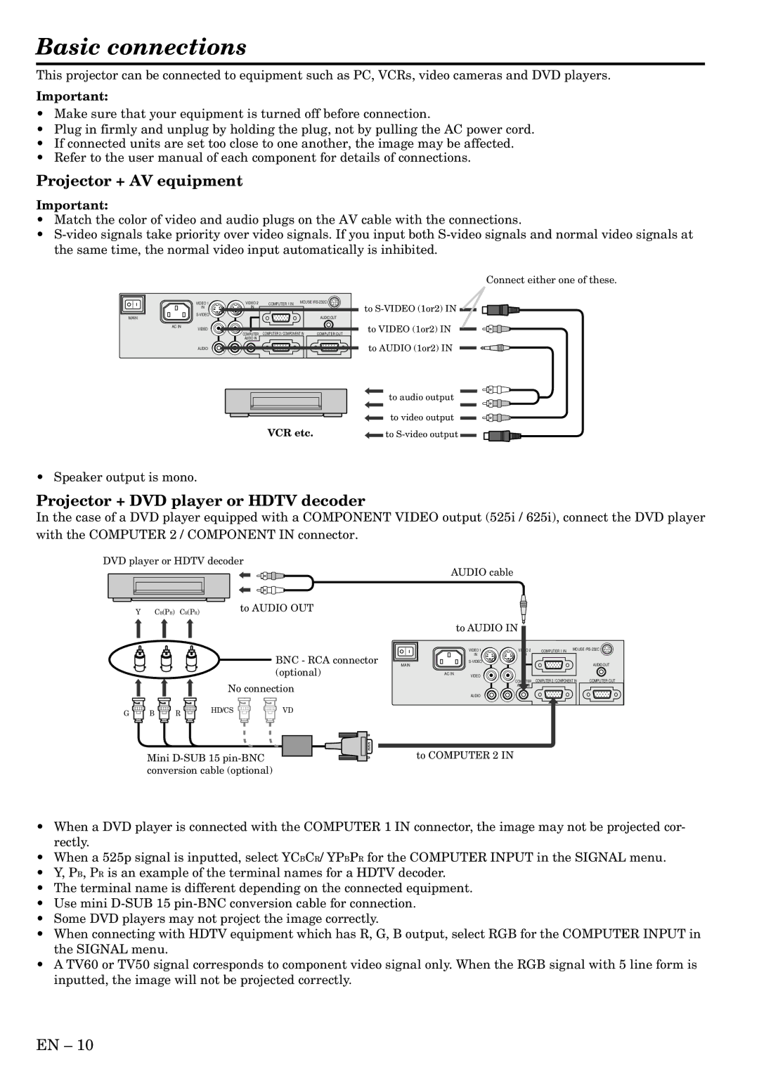 Mitsubishi Electronics XD200U, SD200U Basic connections, Projector + AV equipment, Projector + DVD player or Hdtv decoder 