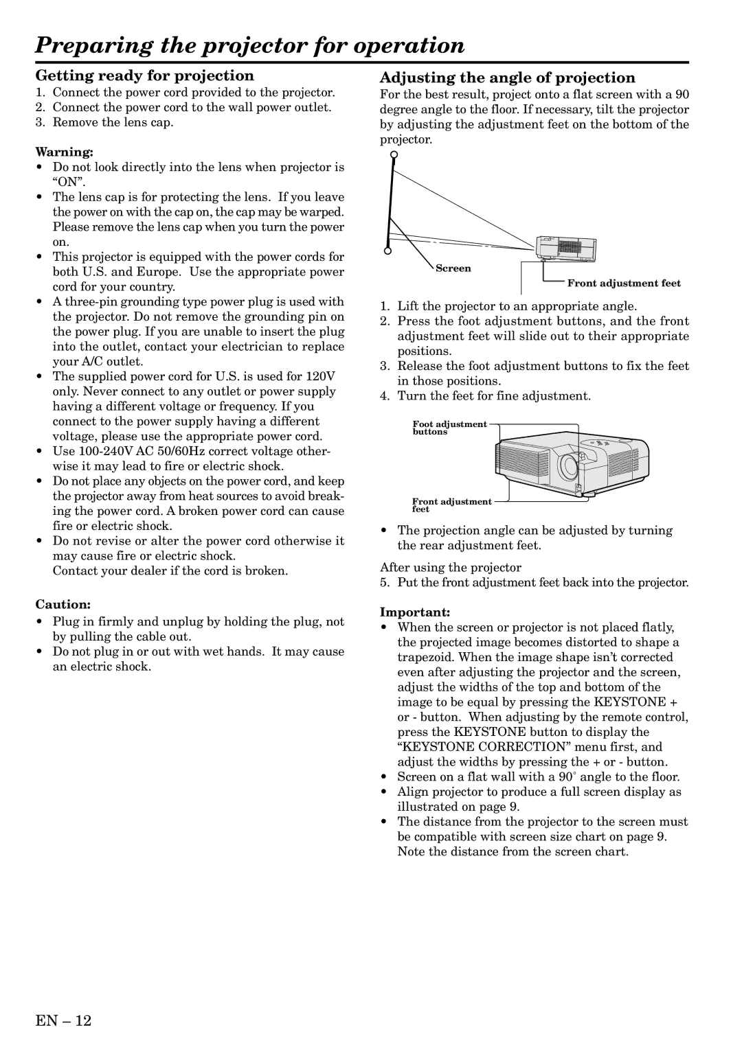 Mitsubishi Electronics XD200U, SD200U user manual Preparing the projector for operation, Getting ready for projection 