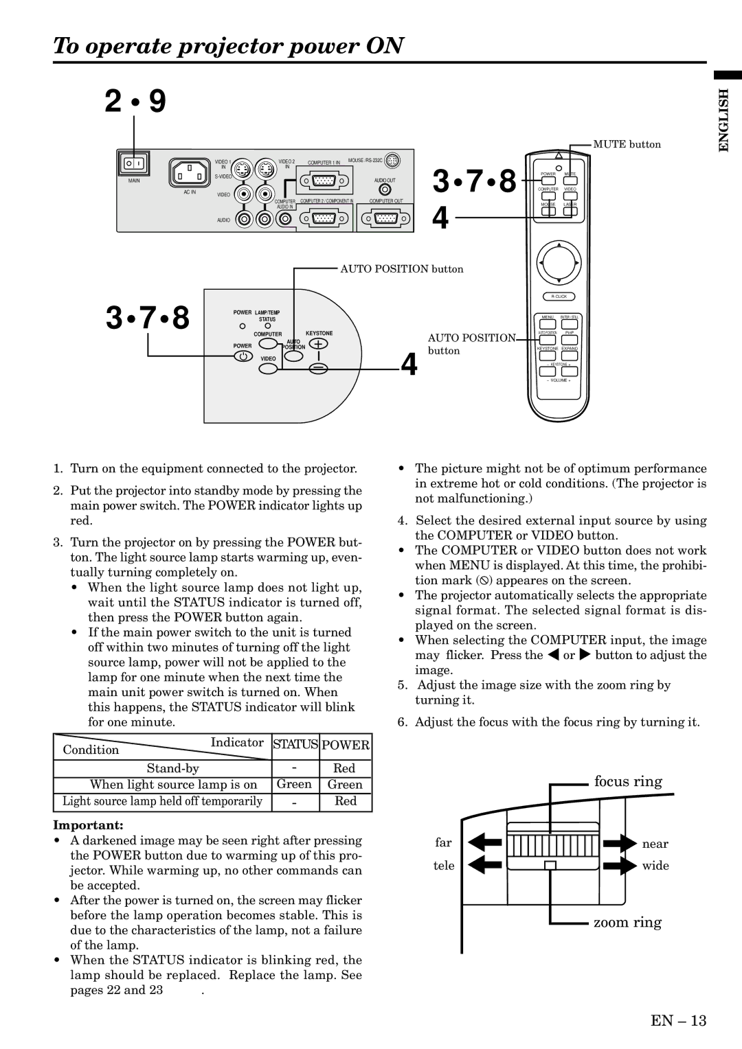 Mitsubishi Electronics SD200U, XD200U user manual To operate projector power on, Focus ring, Zoom ring, Far Near Tele Wide 