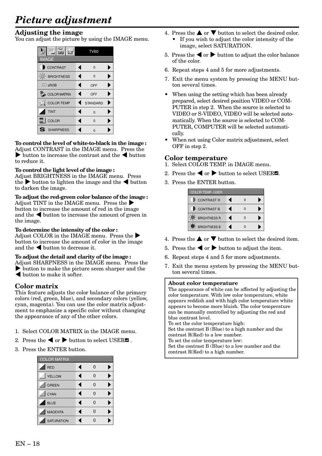 Mitsubishi Electronics XD200U, SD200U user manual Picture adjustment, Adjusting the image, Color matrix, Color temperature 