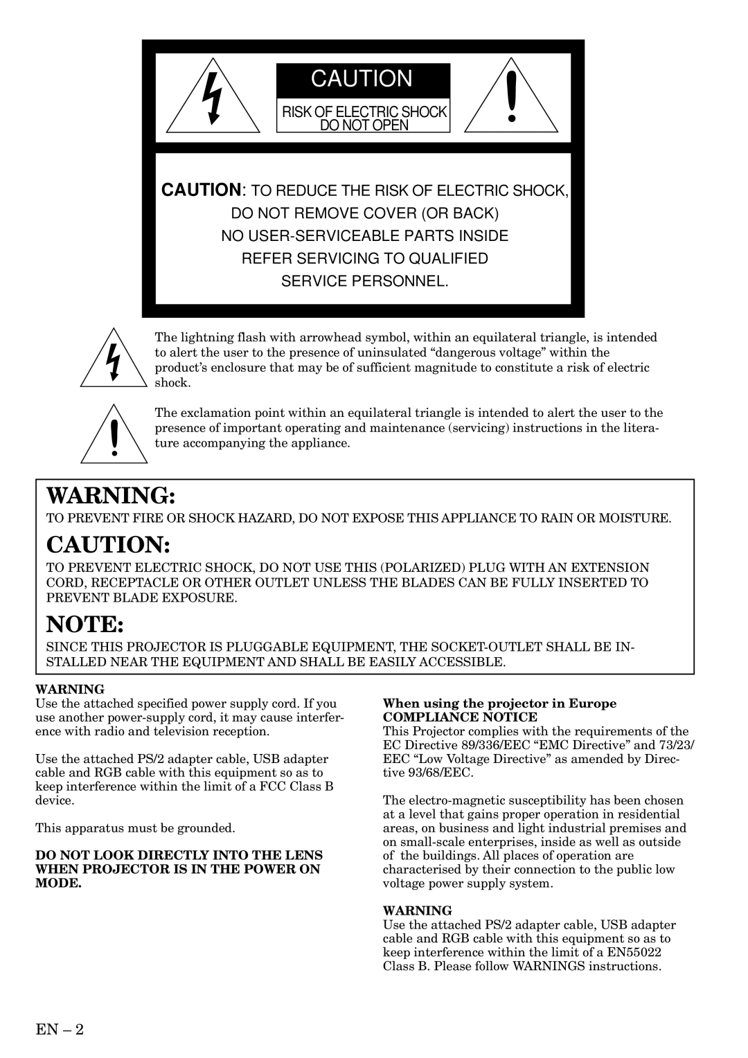 Mitsubishi Electronics XD200U, SD200U user manual When using the projector in Europe, Compliance Notice 