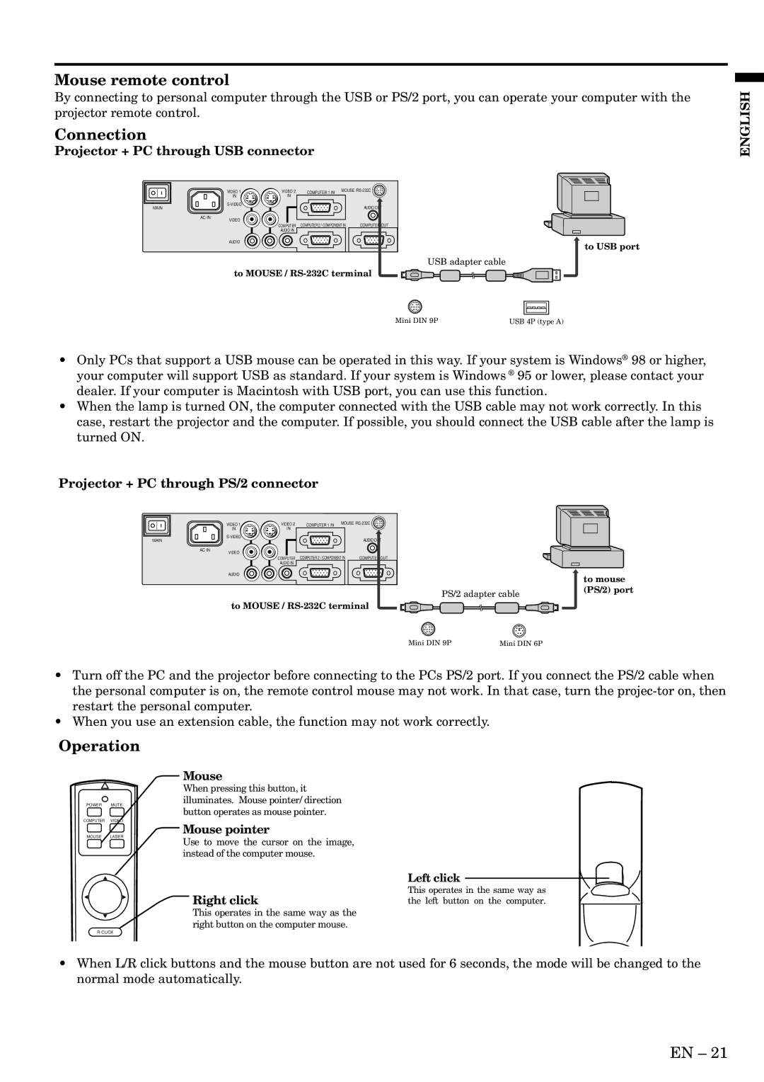 Mitsubishi Electronics SD200U, XD200U user manual Mouse remote control, Connection, Operation 