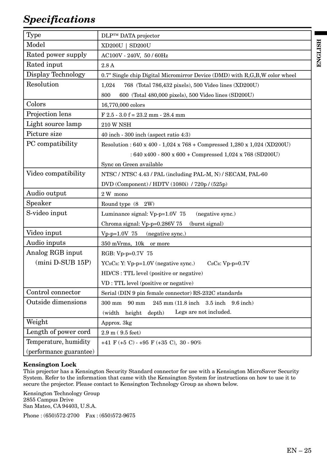 Mitsubishi Electronics SD200U, XD200U user manual Specifications 