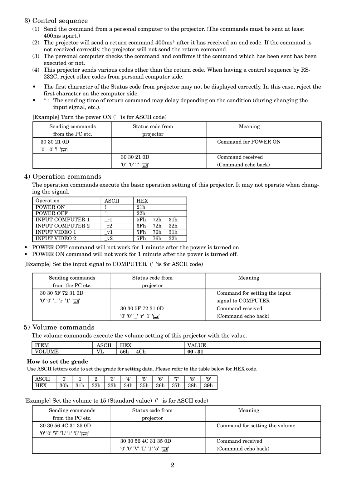 Mitsubishi Electronics XD200U, SD200U Control sequence, Operation commands, Volume commands, How to set the grade 