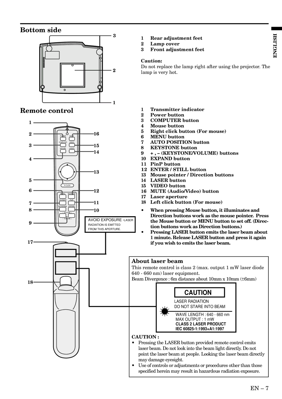 Mitsubishi Electronics SD200U Remote control, About laser beam, Rear adjustment feet Lamp cover Front adjustment feet 