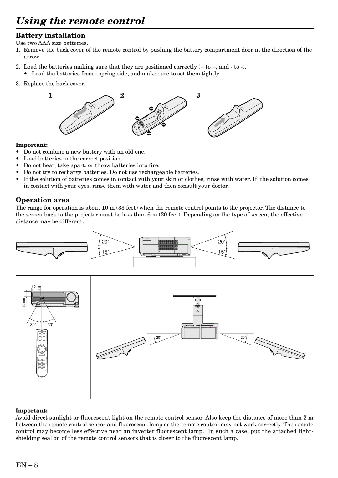 Mitsubishi Electronics XD200U, SD200U user manual Using the remote control, Battery installation, Operation area 