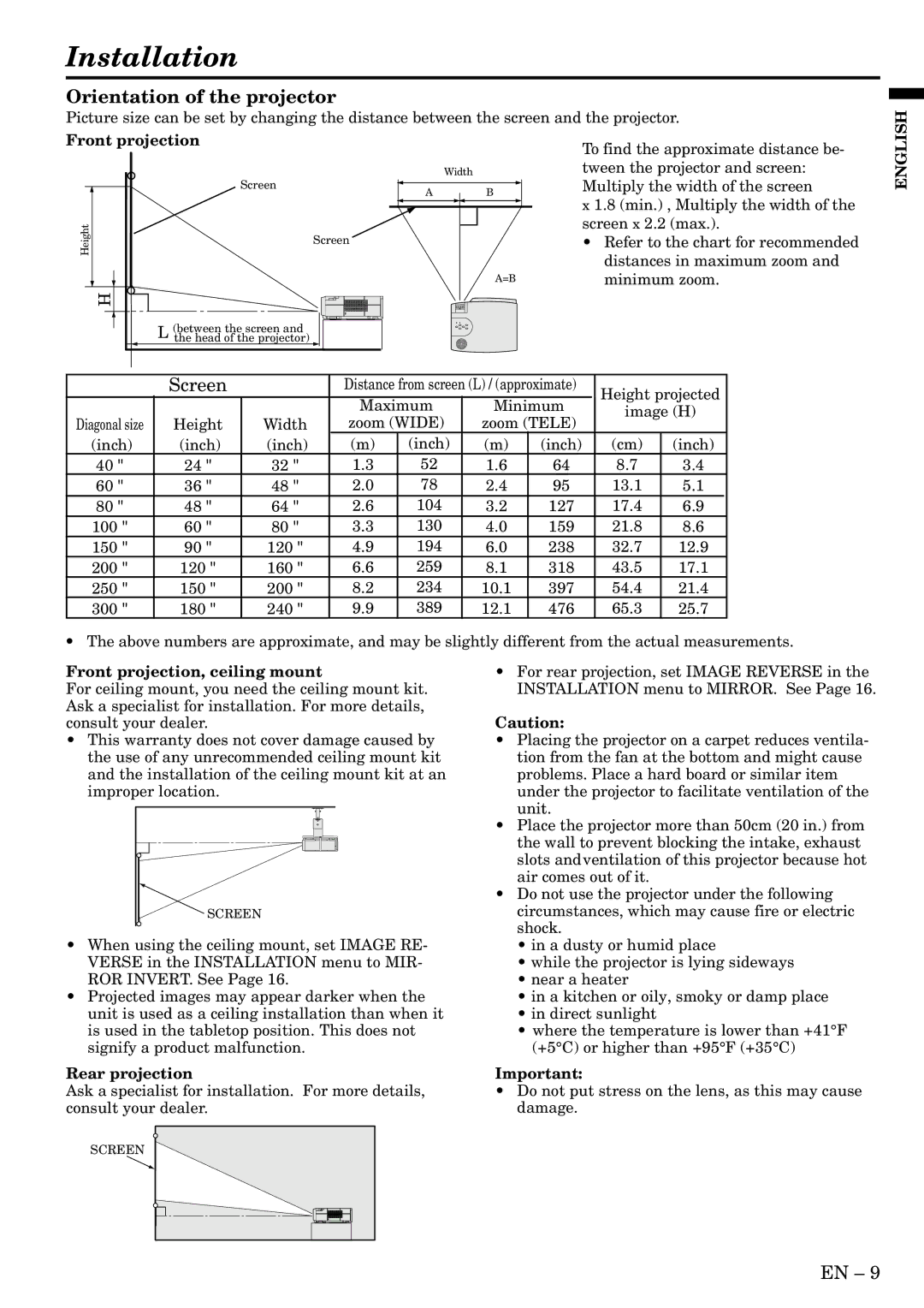 Mitsubishi Electronics SD200U, XD200U user manual Installation, Orientation of the projector, Screen 