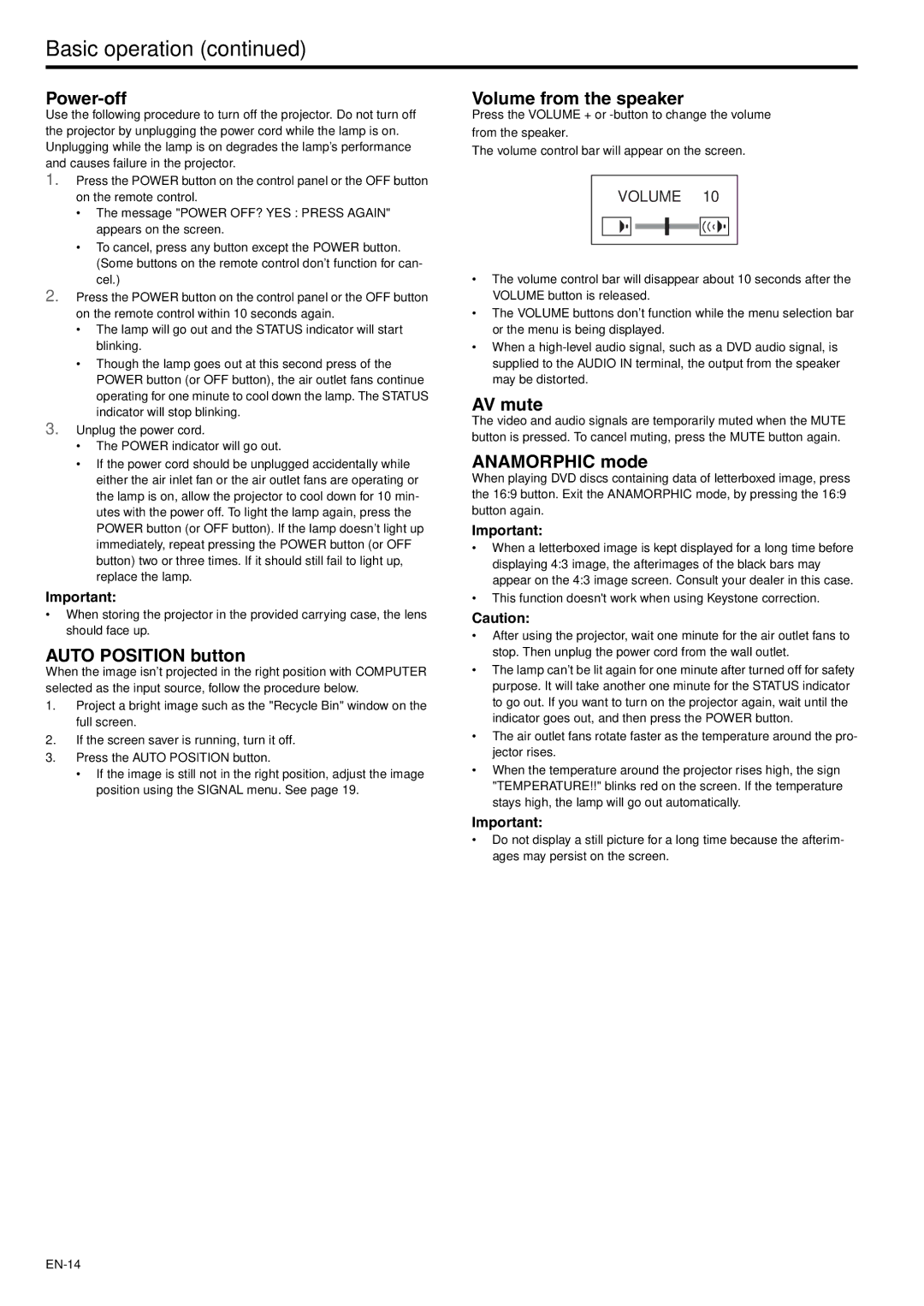 Mitsubishi Electronics XD205 user manual Power-off, Auto Position button, Volume from the speaker, AV mute, Anamorphic mode 