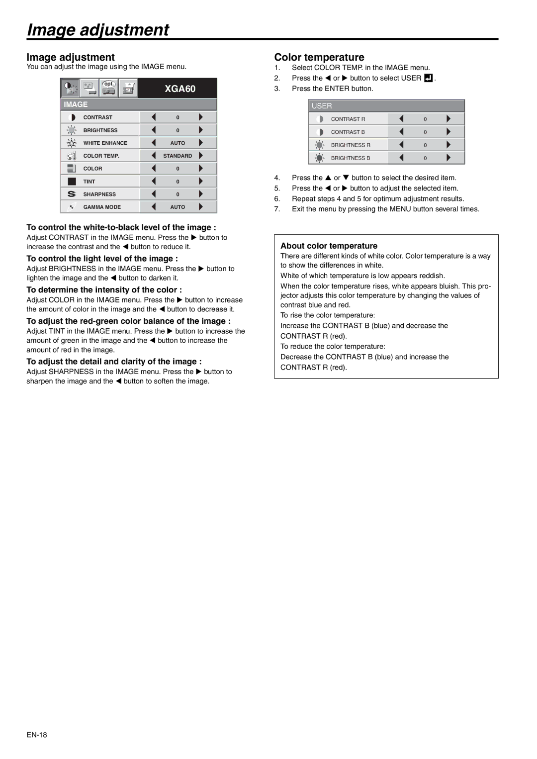 Mitsubishi Electronics XD205 user manual Image adjustment, Color temperature 