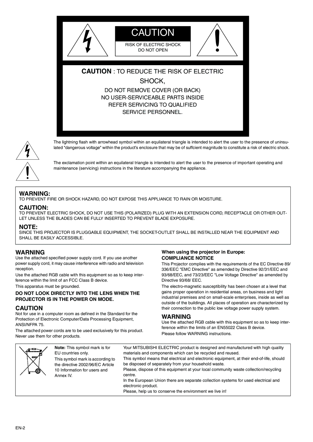 Mitsubishi Electronics XD205 user manual Shock, When using the projector in Europe 