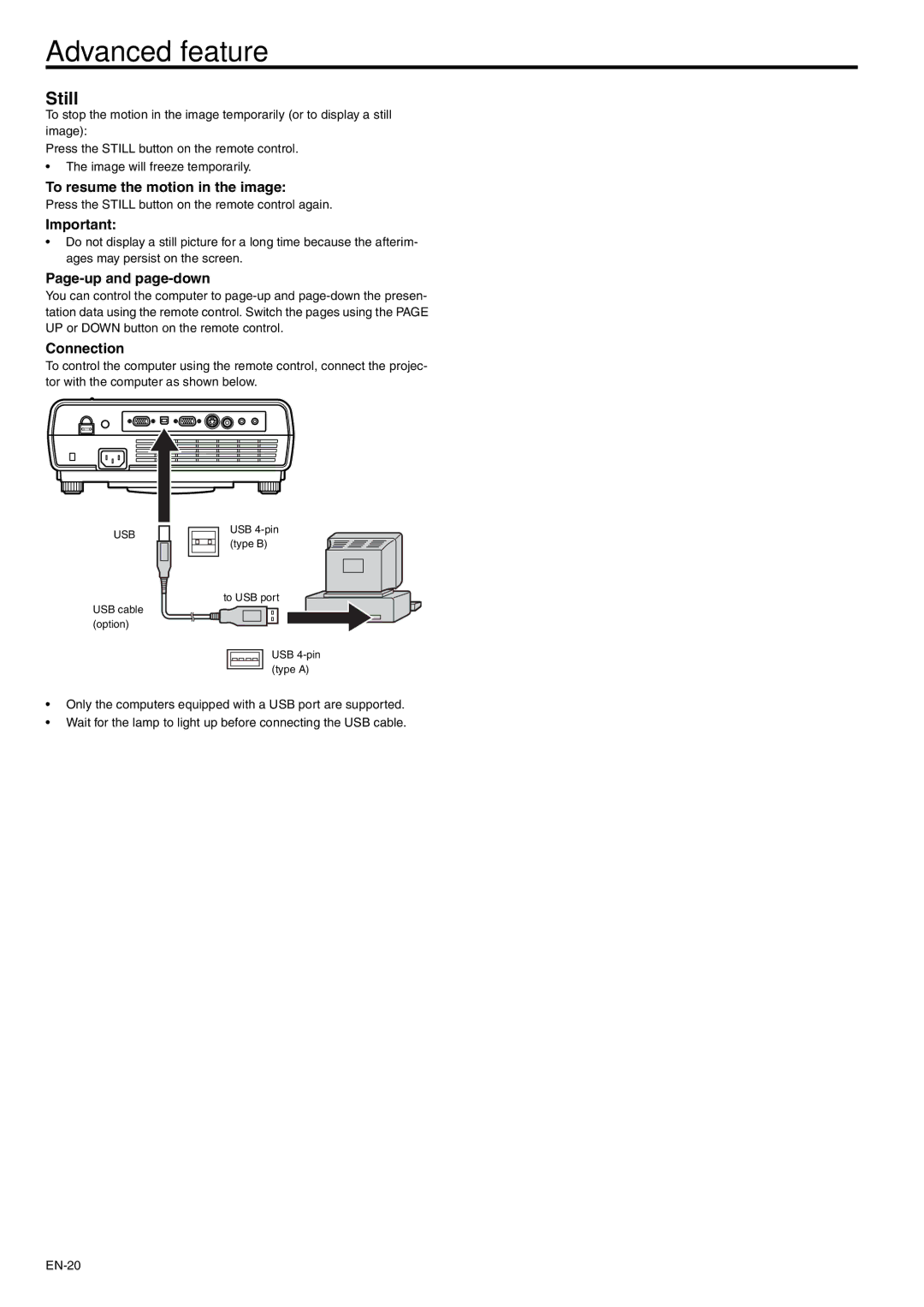 Mitsubishi Electronics XD205 Advanced feature, Still, To resume the motion in the image, Page-up and page-down, Connection 