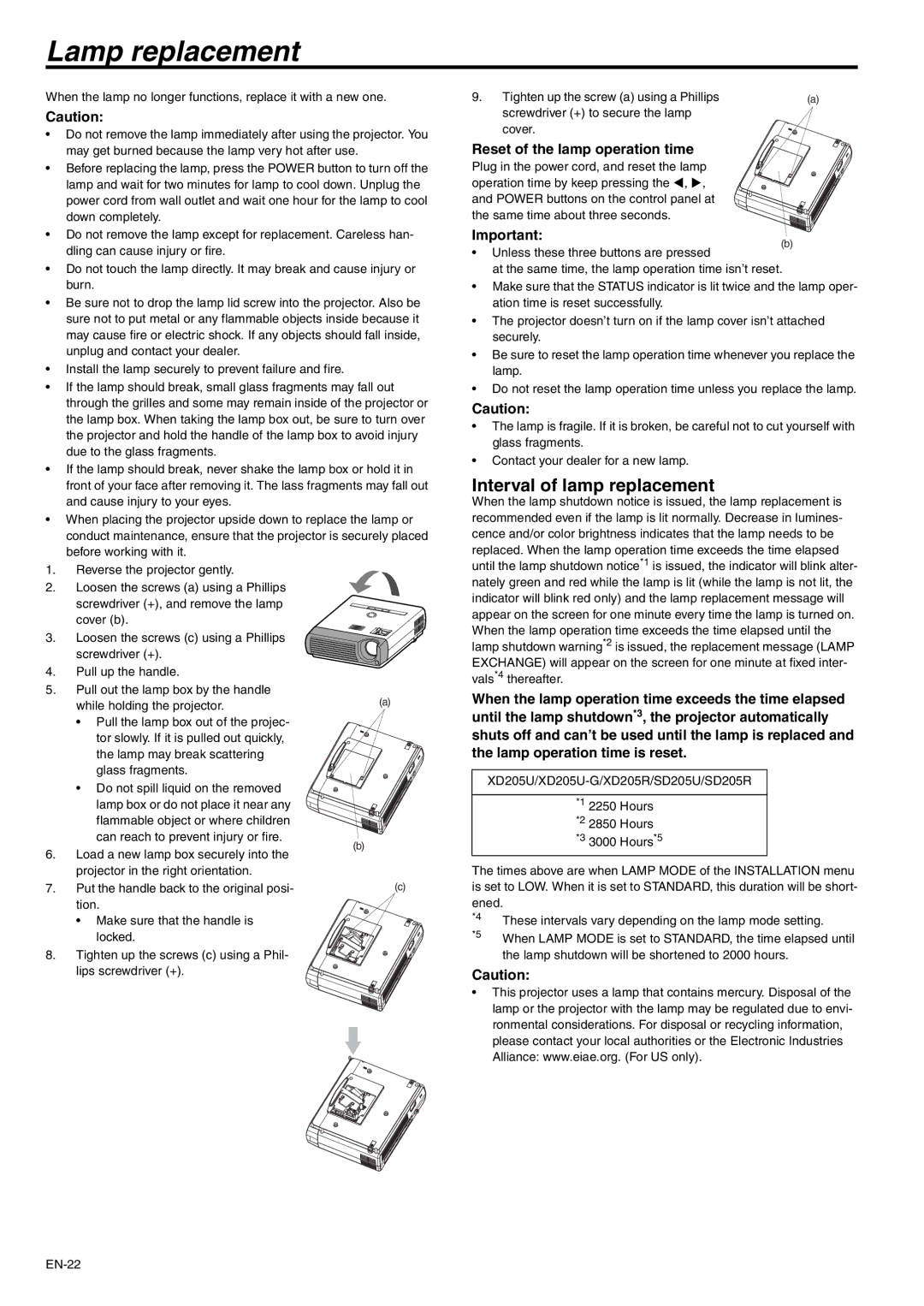 Mitsubishi Electronics XD205 user manual Lamp replacement, Interval of lamp replacement, Reset of the lamp operation time 