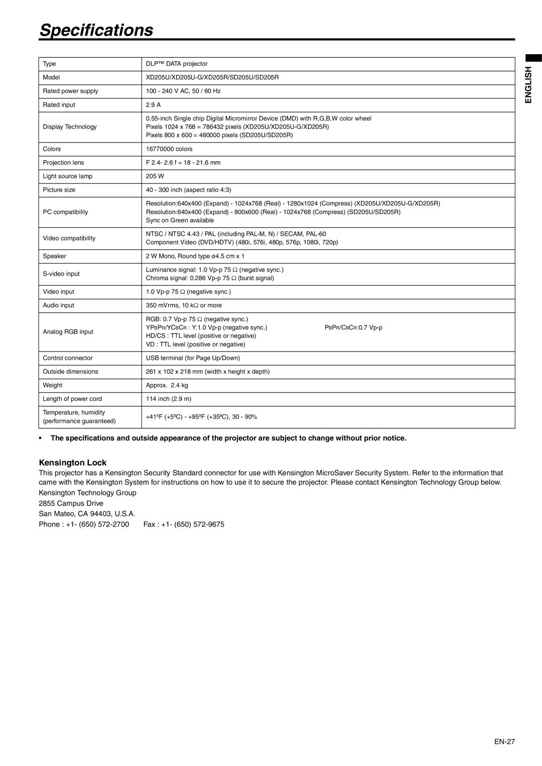 Mitsubishi Electronics XD205 user manual Specifications, Kensington Lock 