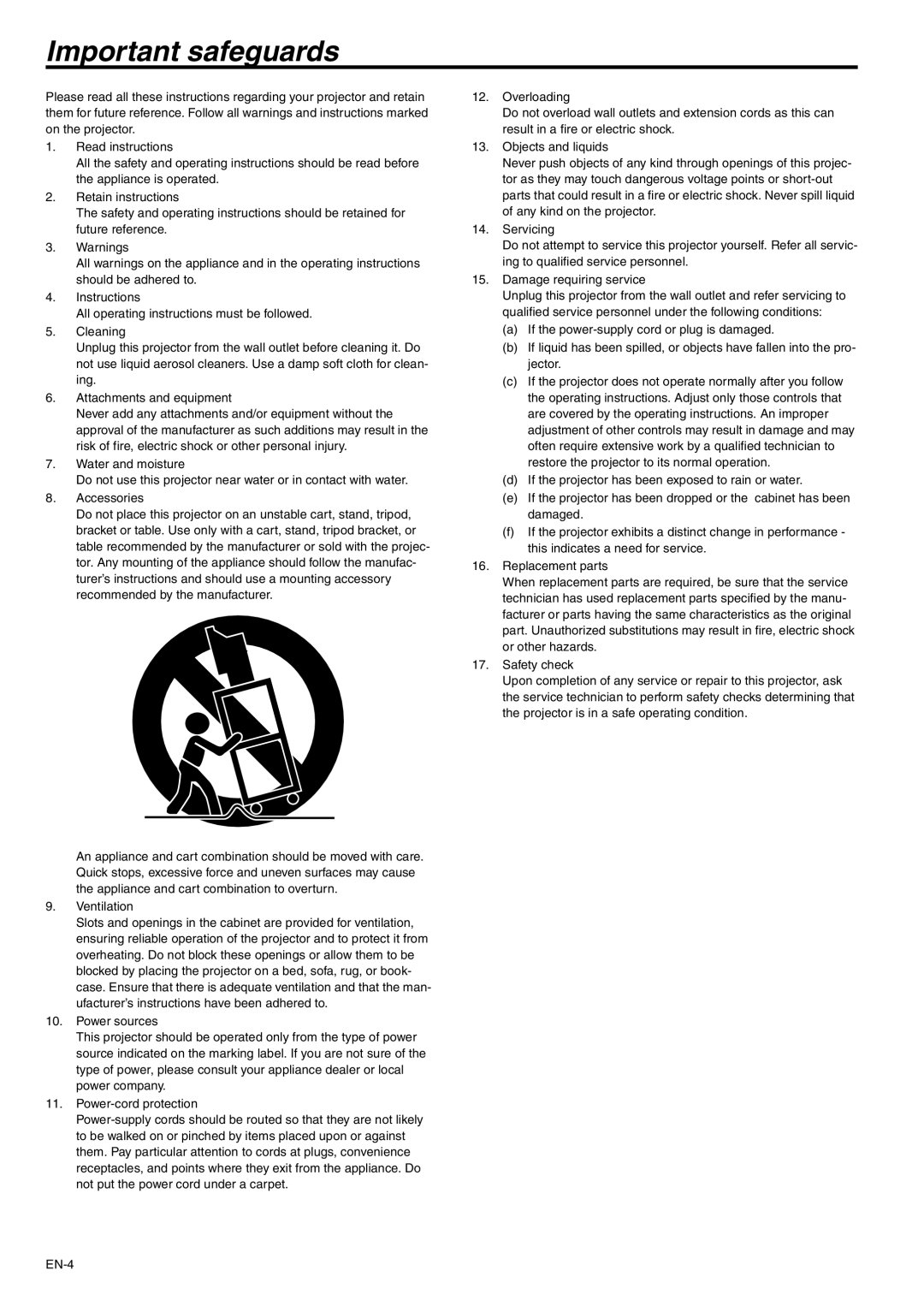 Mitsubishi Electronics XD205 user manual Important safeguards 