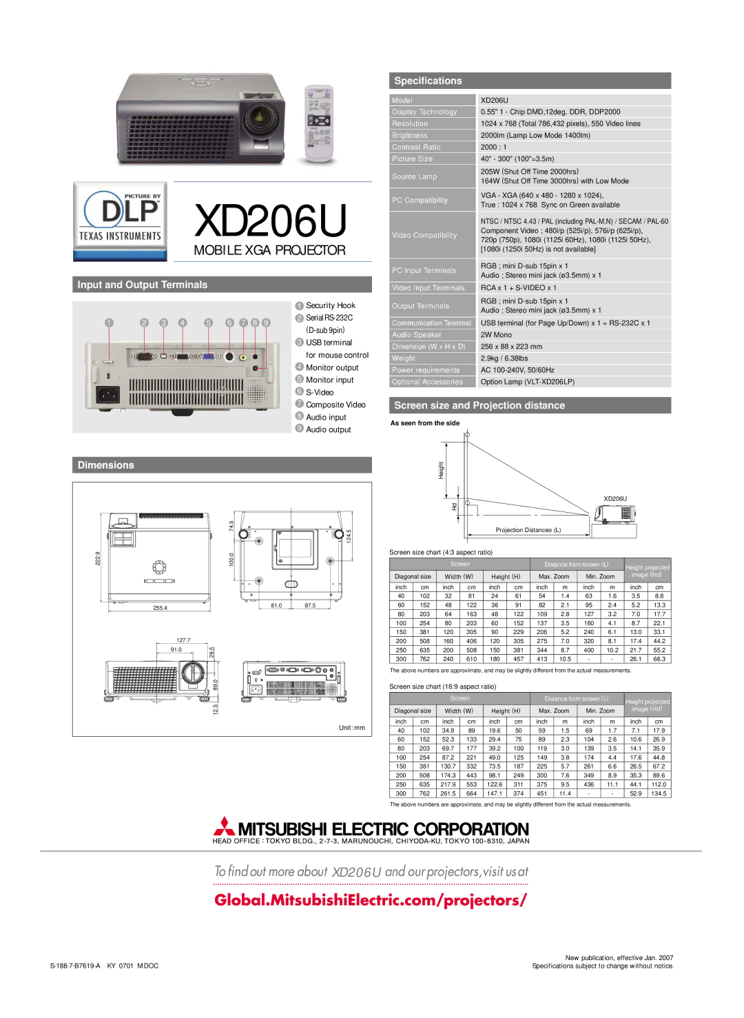 Mitsubishi Electronics XD206U manual Input and Output Terminals, Specifications, Screen size and Projection distance 