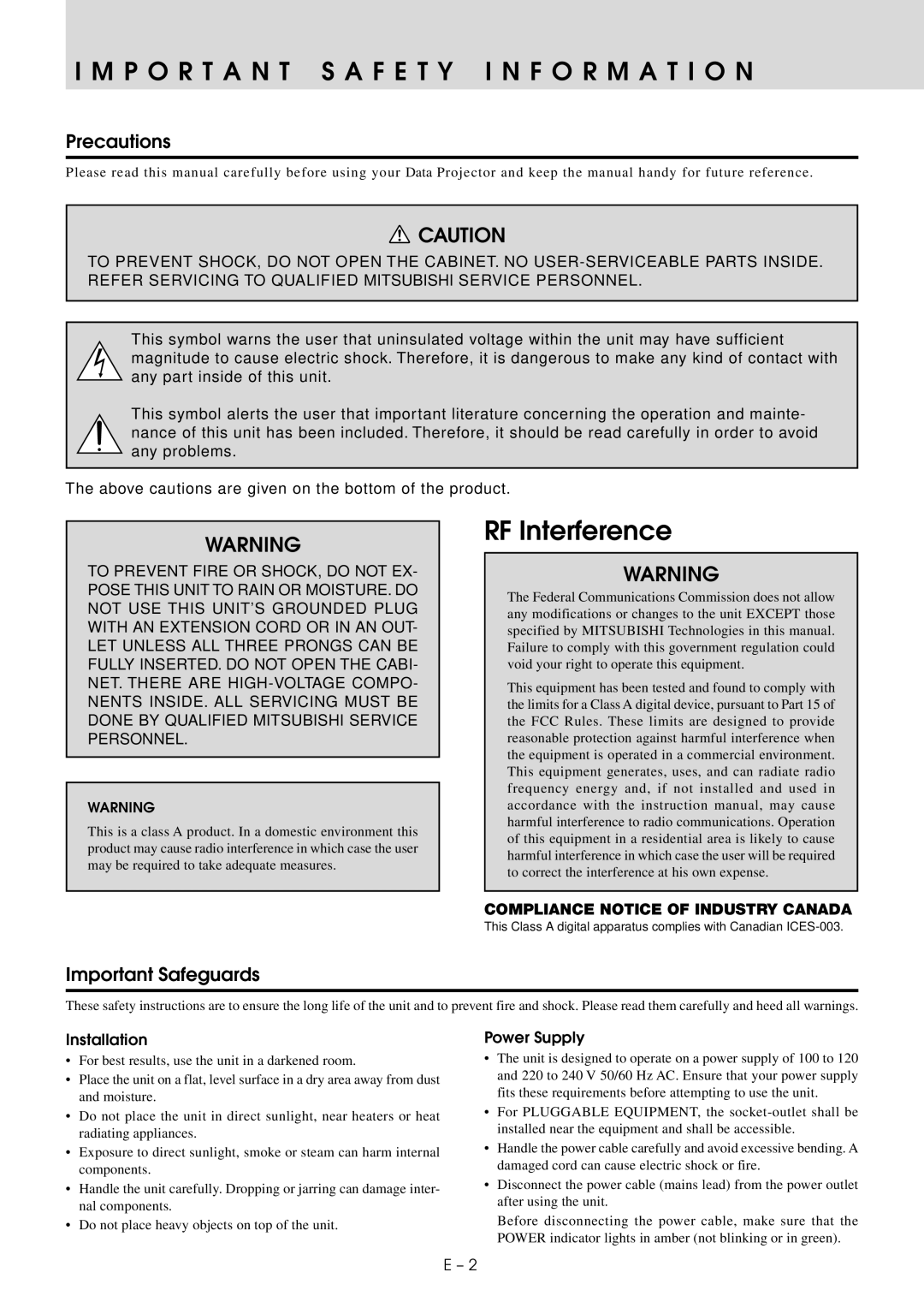 Mitsubishi Electronics XD20A user manual Precautions, Important Safeguards, Installation, Power Supply 