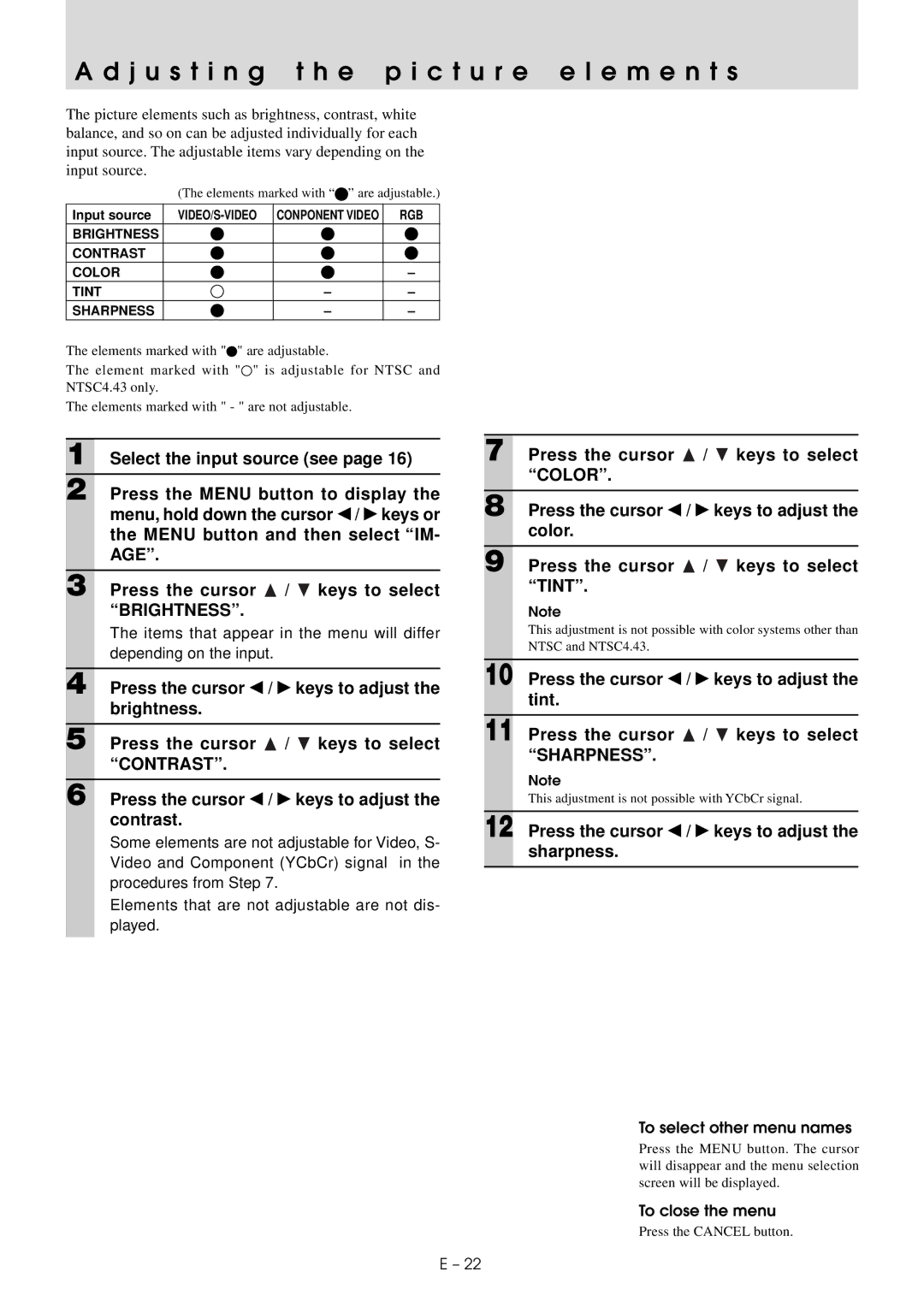 Mitsubishi Electronics XD20A user manual J u s t i n g t h e p i c t u r e e l e m e n t s, To select other menu names 