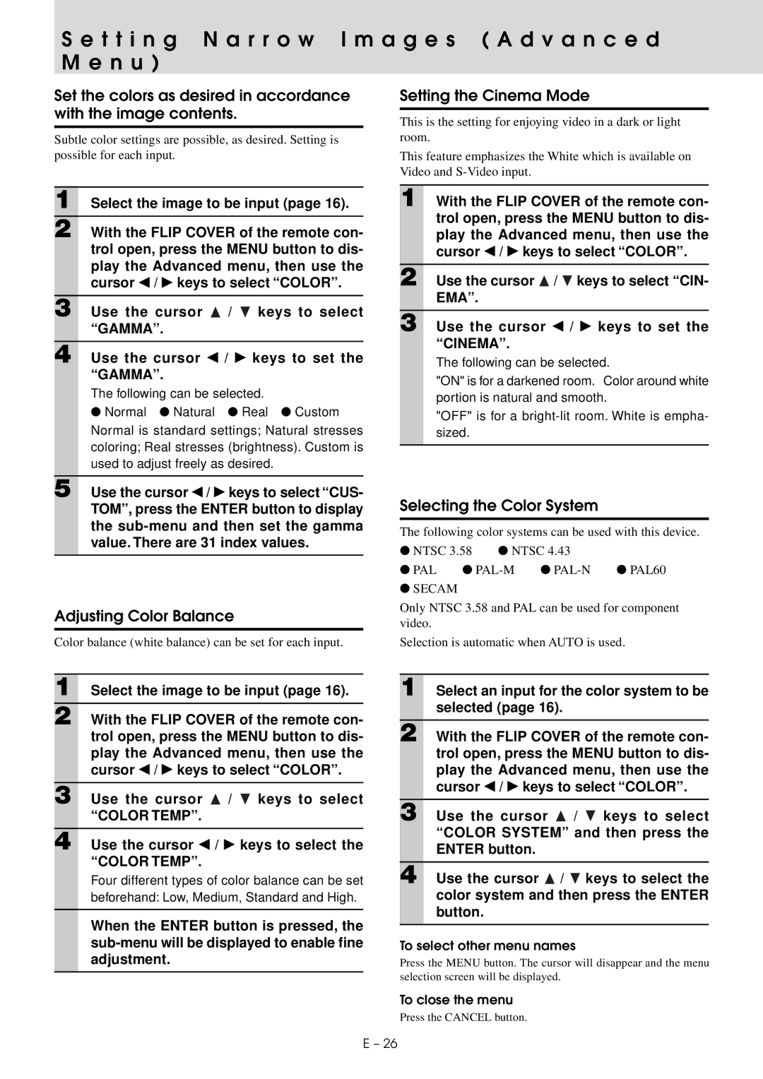 Mitsubishi Electronics XD20A user manual T t i n g N a r r o w I m a g e s a d v a n c e d M e n u, Setting the Cinema Mode 