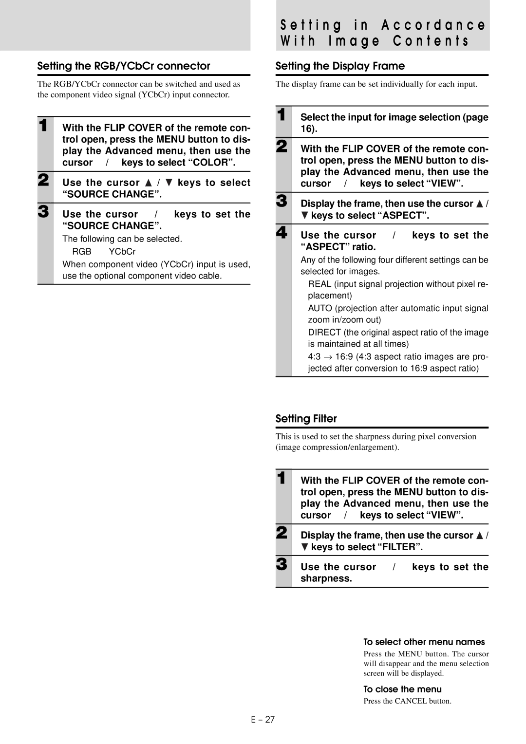 Mitsubishi Electronics XD20A user manual Setting the RGB/YCbCr connector, Setting the Display Frame, Setting Filter 