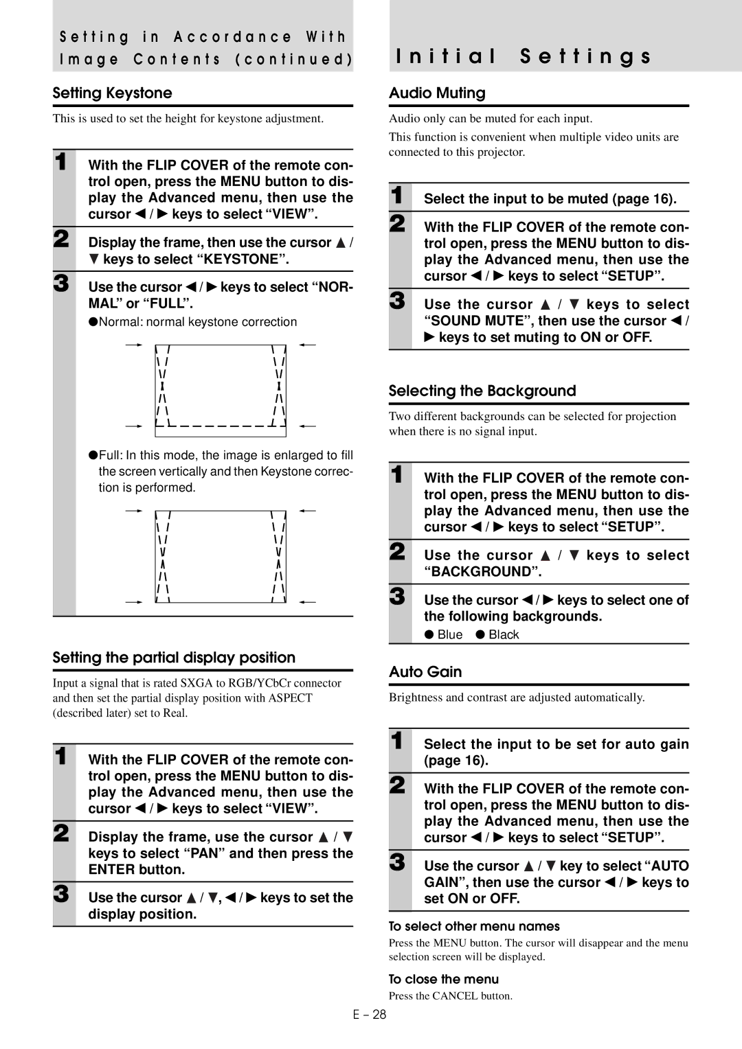 Mitsubishi Electronics XD20A I t i a l S e t t i n g s, Setting the partial display position, Audio Muting, Auto Gain 