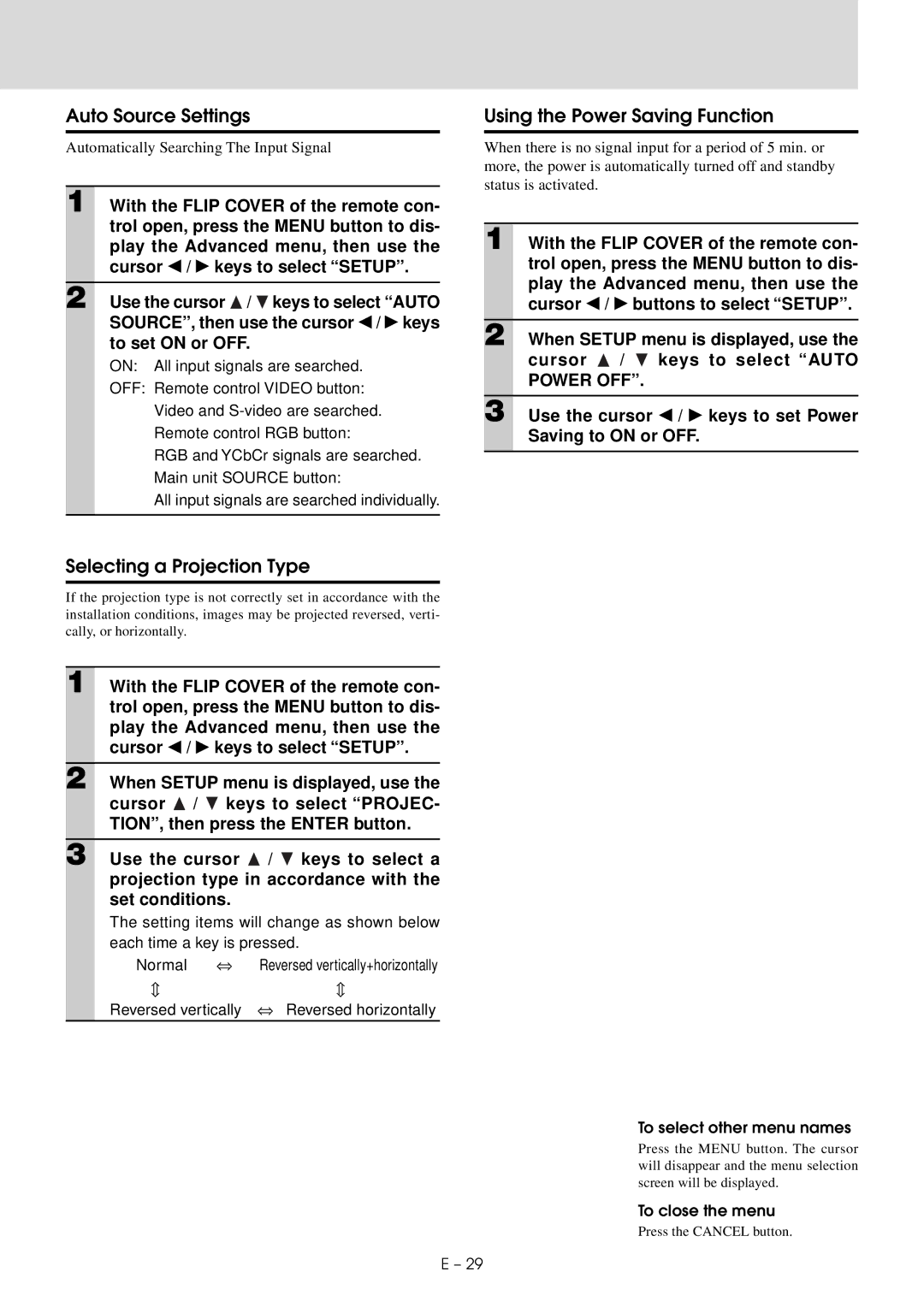 Mitsubishi Electronics XD20A user manual Auto Source Settings, Using the Power Saving Function, Selecting a Projection Type 