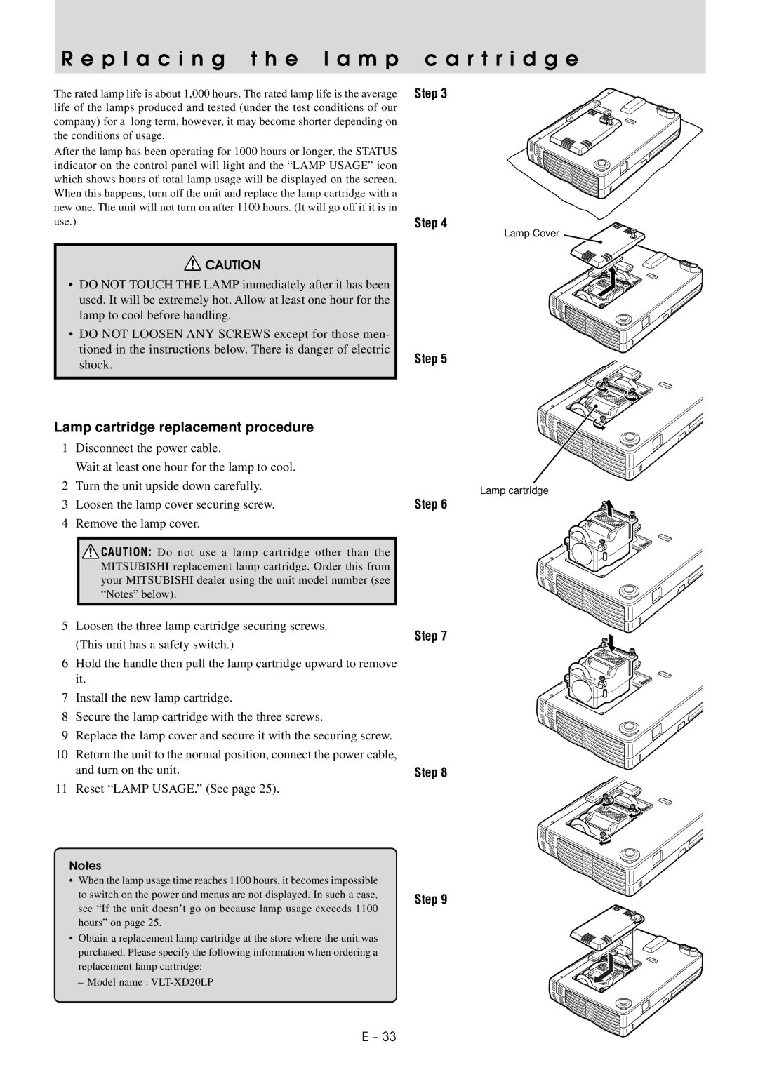 Mitsubishi Electronics XD20A P l a c i n g t h e l a m p, R t r i d g e, Lamp cartridge replacement procedure, Step 