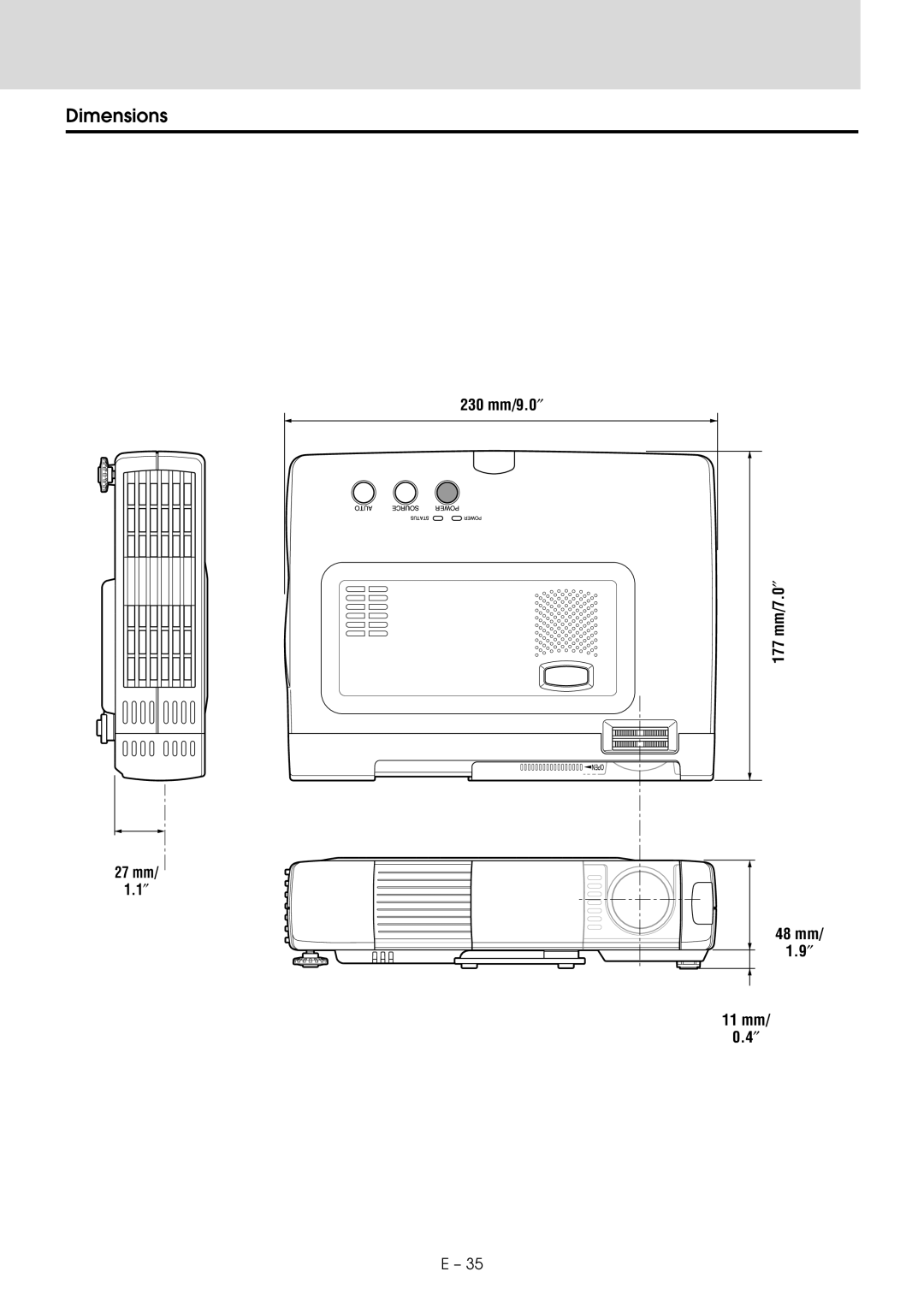 Mitsubishi Electronics XD20A user manual Dimensions, 230 mm/9.0″, Mm/7.0″, 177, 27 mm 48 mm 11 mm 