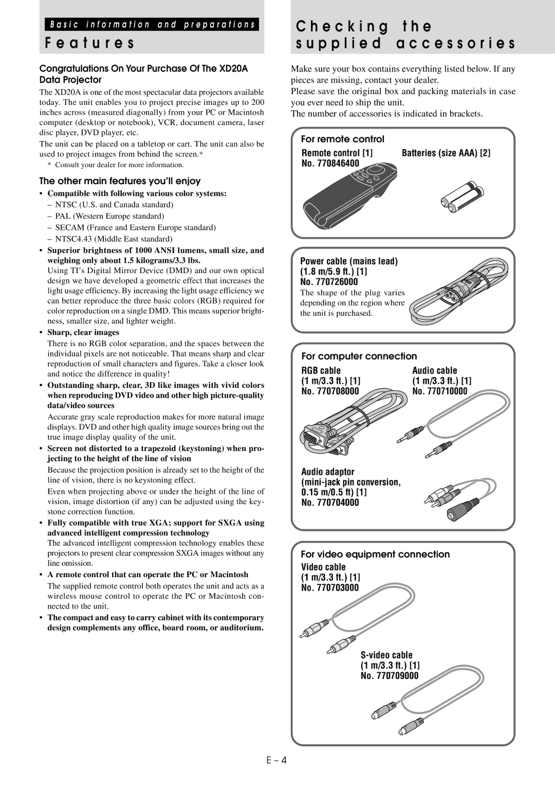 Mitsubishi Electronics XD20A user manual A t u r e s, E c k i n g t h e P p l i e d a c c e s s o r i e s 