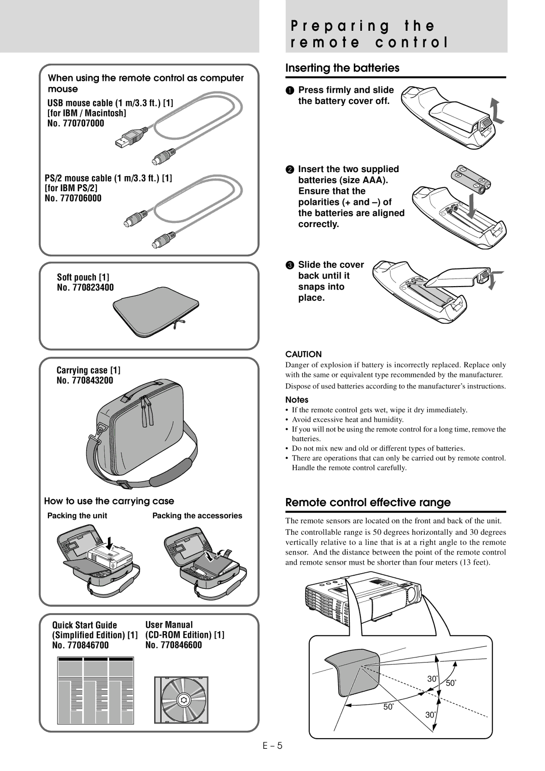 Mitsubishi Electronics XD20A E p a r i n g t h e M o t e c o n t r o l, Inserting the batteries, Quick Start Guide 