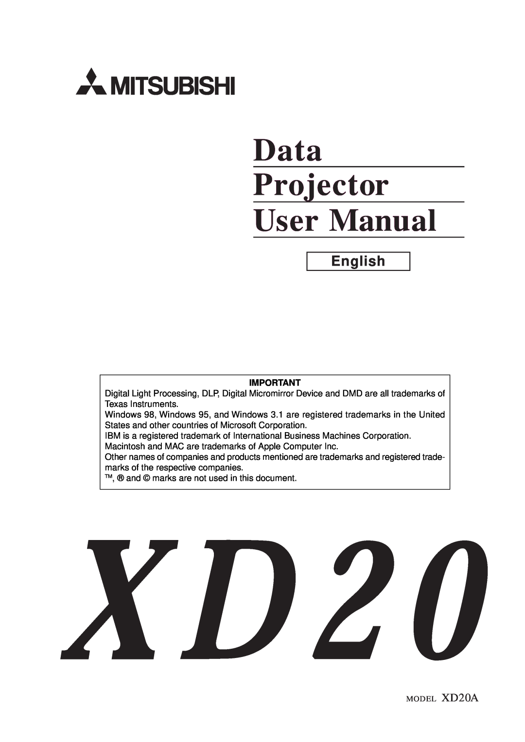 Mitsubishi Electronics XD20A user manual Data Projector User Manual, English 