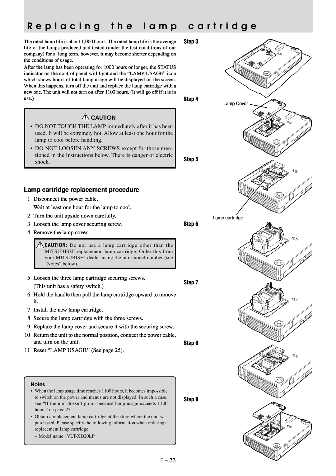 Mitsubishi Electronics XD20A R e p l a c i n g t h e l a m p, c a r t r i d g e, Lamp cartridge replacement procedure 