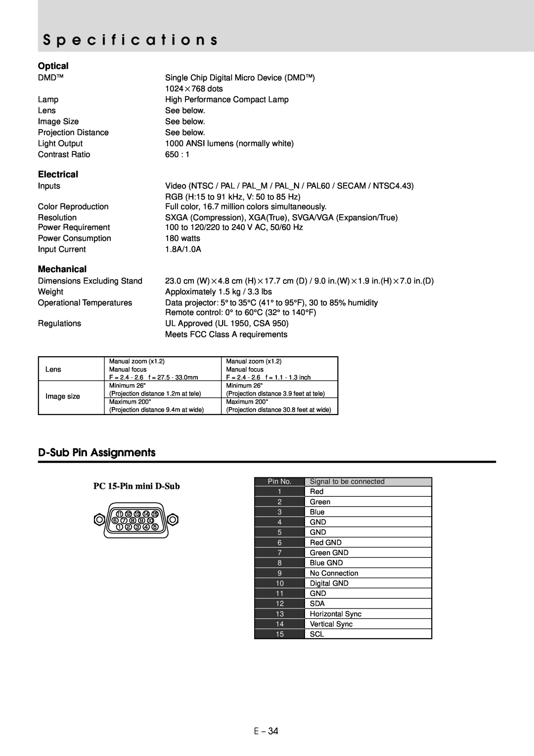 Mitsubishi Electronics XD20A user manual S p e c i f i c a t i o n s, D-Sub Pin Assignments, PC 15-Pin mini D-Sub 
