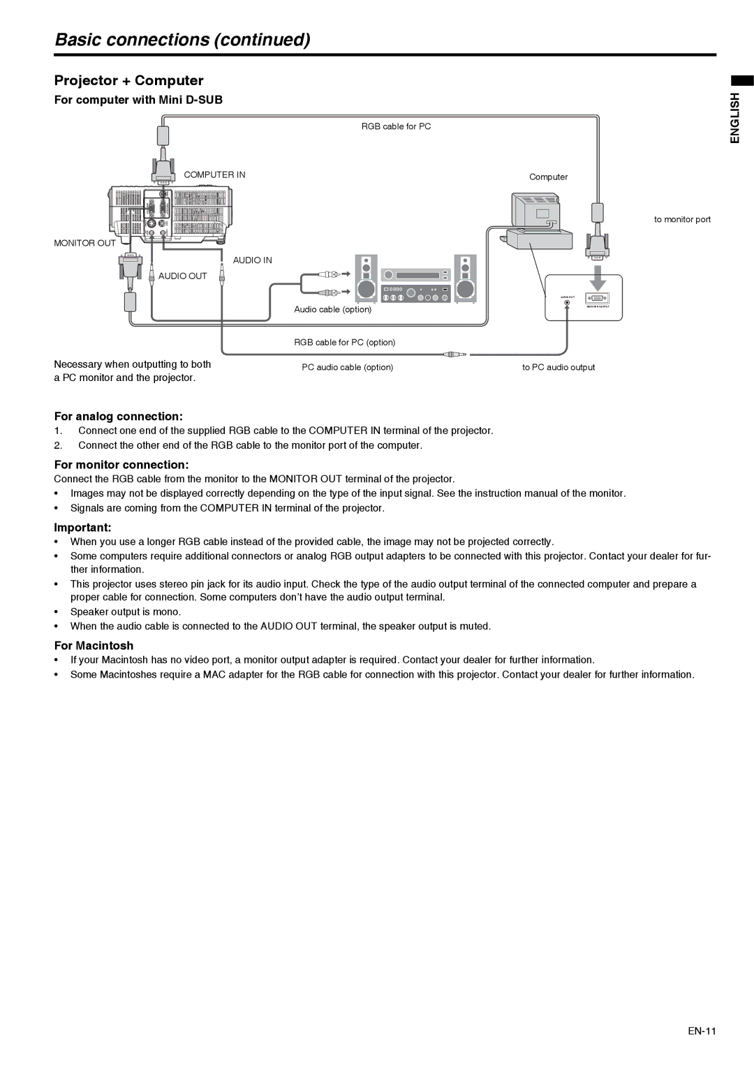 Mitsubishi Electronics XD211U user manual Basic connections, Projector + Computer 