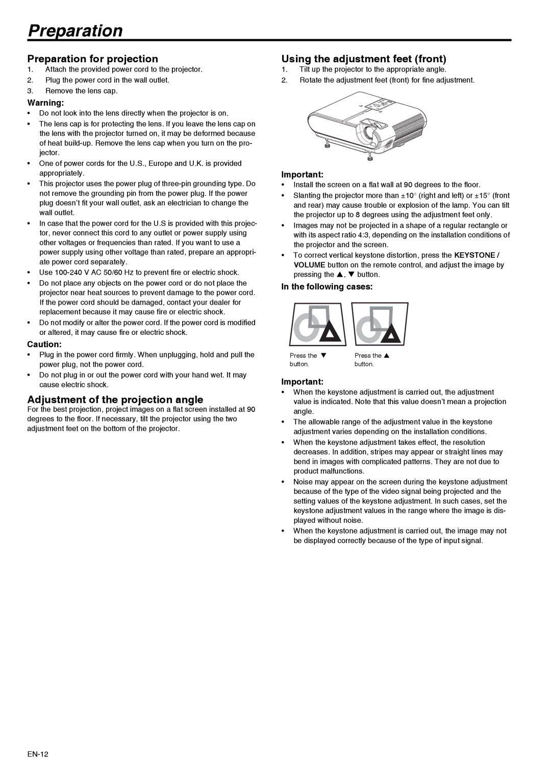 Mitsubishi Electronics XD211U Preparation for projection, Adjustment of the projection angle, Following cases 