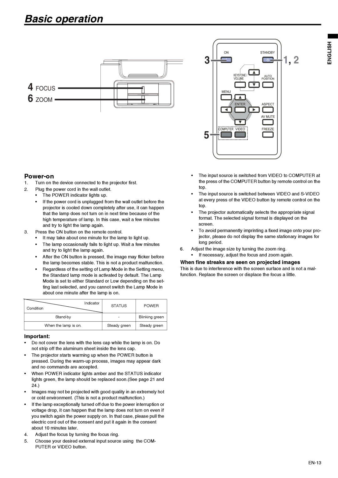 Mitsubishi Electronics XD211U user manual Basic operation, Power-on, When fine streaks are seen on projected images 