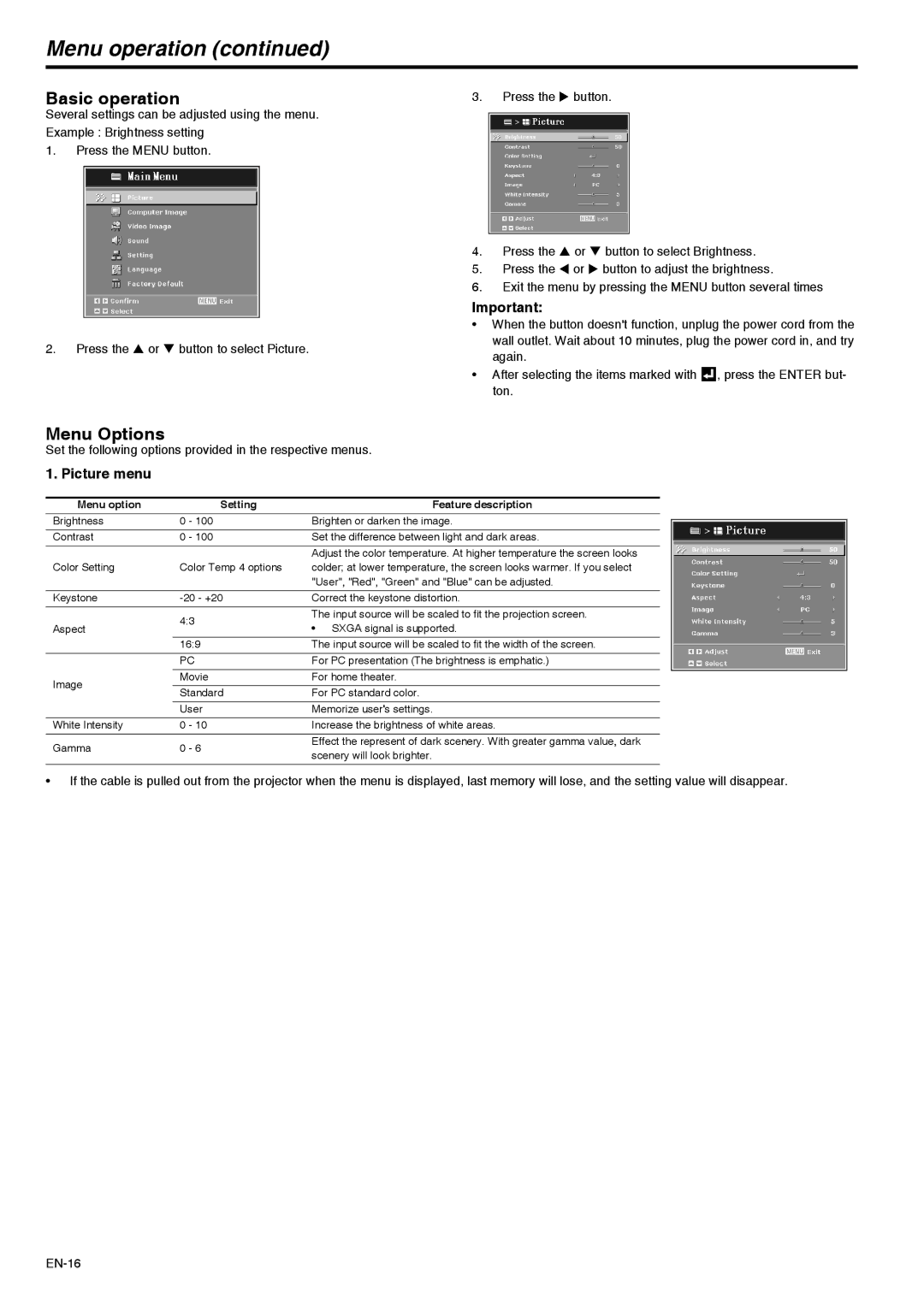 Mitsubishi Electronics XD211U user manual Menu operation, Basic operation, Menu Options, Picture menu 