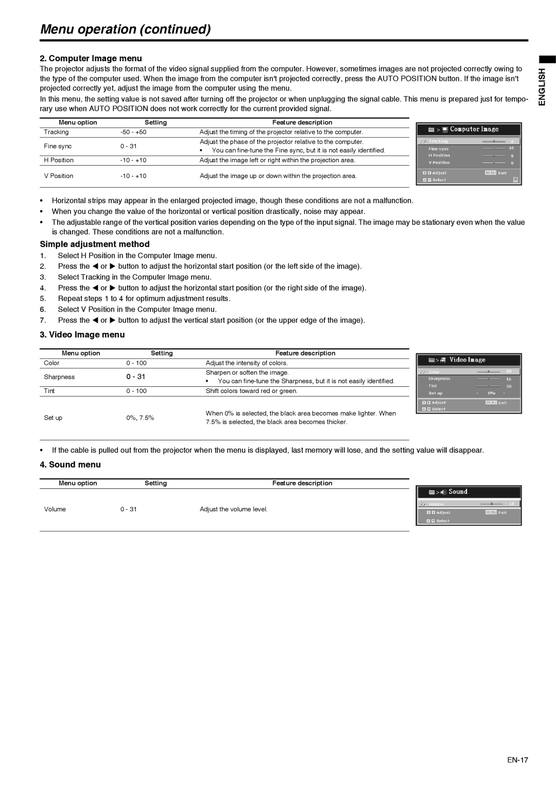 Mitsubishi Electronics XD211U user manual Computer Image menu, Simple adjustment method, Video Image menu, Sound menu 