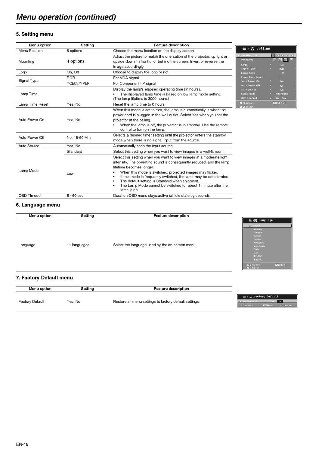 Mitsubishi Electronics XD211U user manual Setting menu, Language menu, Factory Default menu 