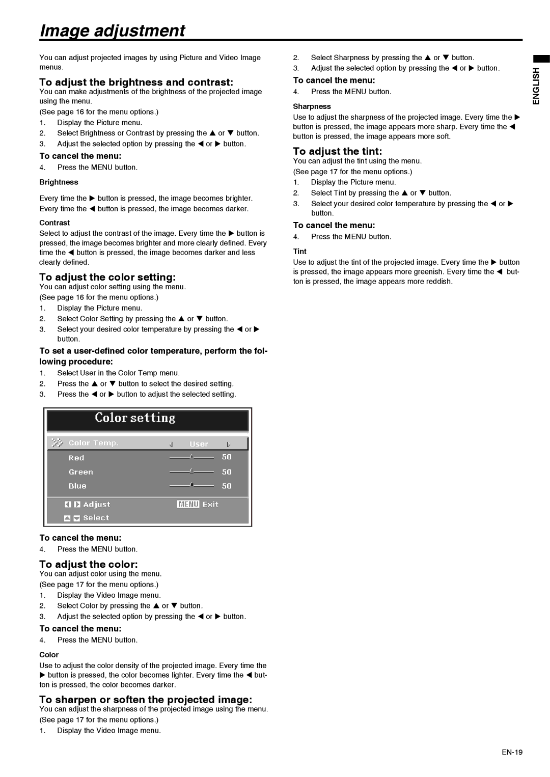 Mitsubishi Electronics XD211U user manual Image adjustment 