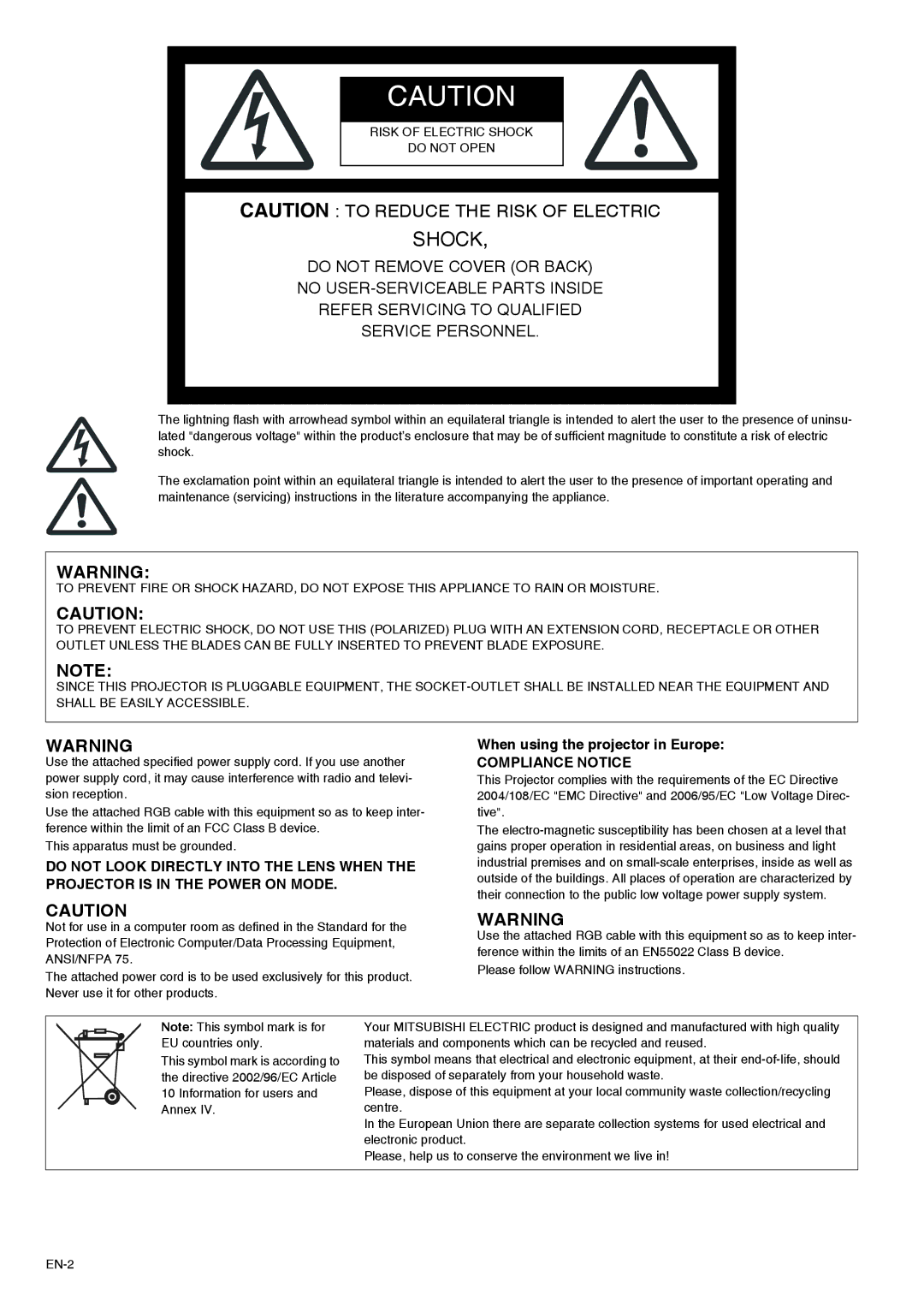 Mitsubishi Electronics XD211U user manual Shock, When using the projector in Europe 